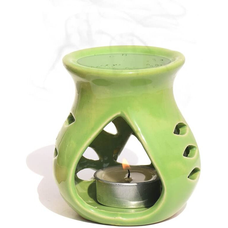 Pure Source India Ceramic Clay Candle Operated Aroma Burner|Oil Diffuser Coming with 1 Tea Candle (Green  9 Cm)