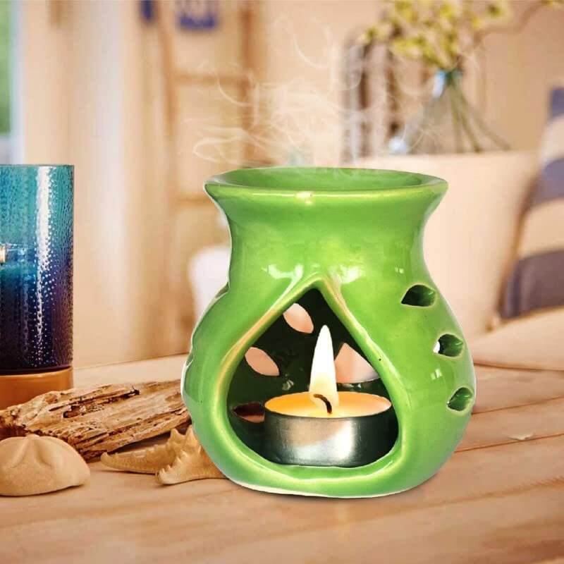 Pure Source India Ceramic Clay Candle Operated Aroma Burner|Oil Diffuser Coming with 1 Tea Candle (Green  9 Cm)
