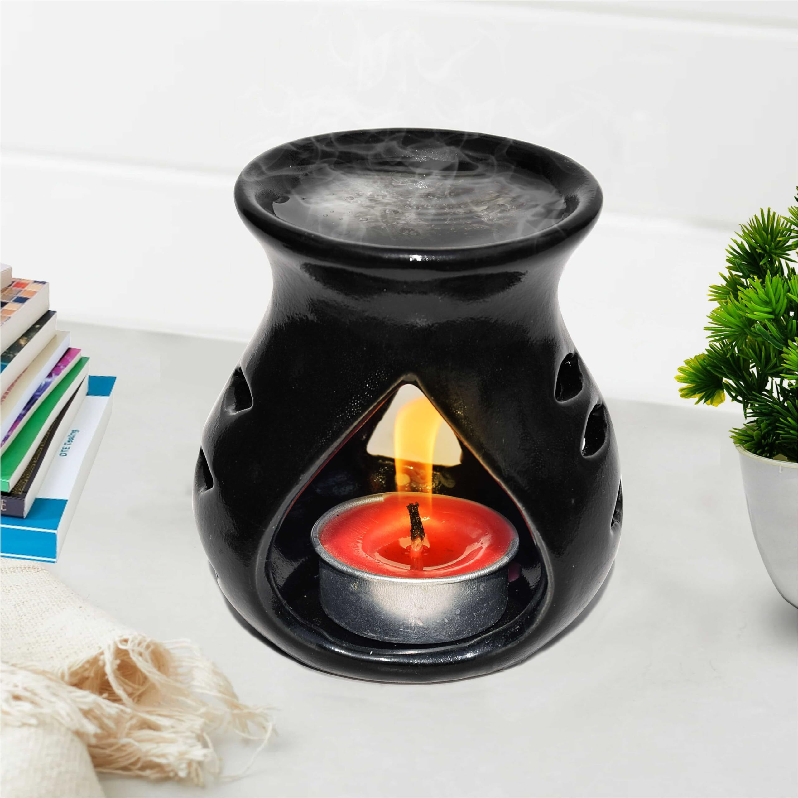 Pure Source India Ceramic Clay Candle Operated Aroma Burner (Black 9 Cm)