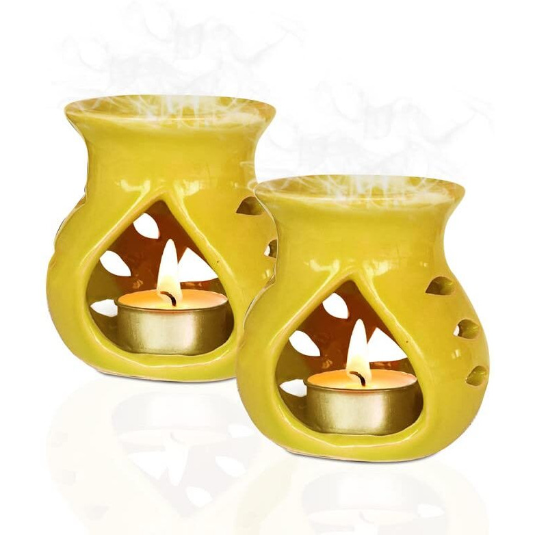Pure Source India Ceramic Clay Candle Operated Aroma Burner|Oil Diffuser Coming with 1 Tea Candle (Yellow  9 Cm)