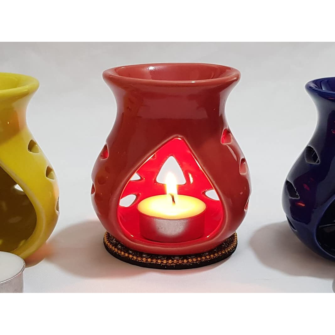 Pure Source India Ceramic Clay Candle Operated Aroma Burner|Oil Diffuser Coming with 1 Tea Candle (Red  9 Cm)