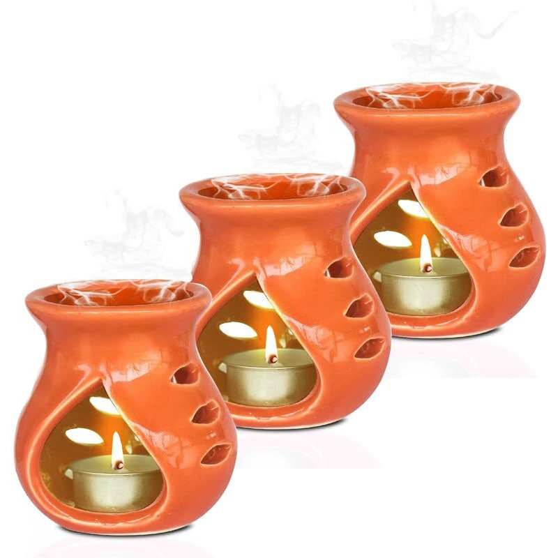 Pure Source India Ceramic Clay Candle Operated Aroma Burner|Oil Diffuser Coming with 1 Tea Candle (Orange  9 Cm)