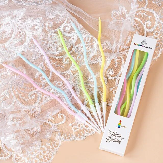 AMFIN (Pack of 6) Happy Birthday Printed Pastel Color Candle with Holder for Birthday Cake Topper Accessories/Candles for Decoration/Cake Toppers Decorating Items for Kids Party - Multicolor