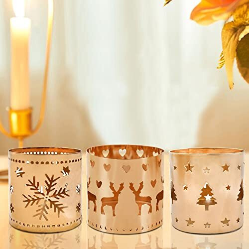 The Purple Tree Metal Christmas Tealight Candle Holder Votive (Pack Of 3) Snowflake Candle Tealight Holder, Reindeer Votive, Best Gift For Christmas, Christmas Decoration, Christmas Gift