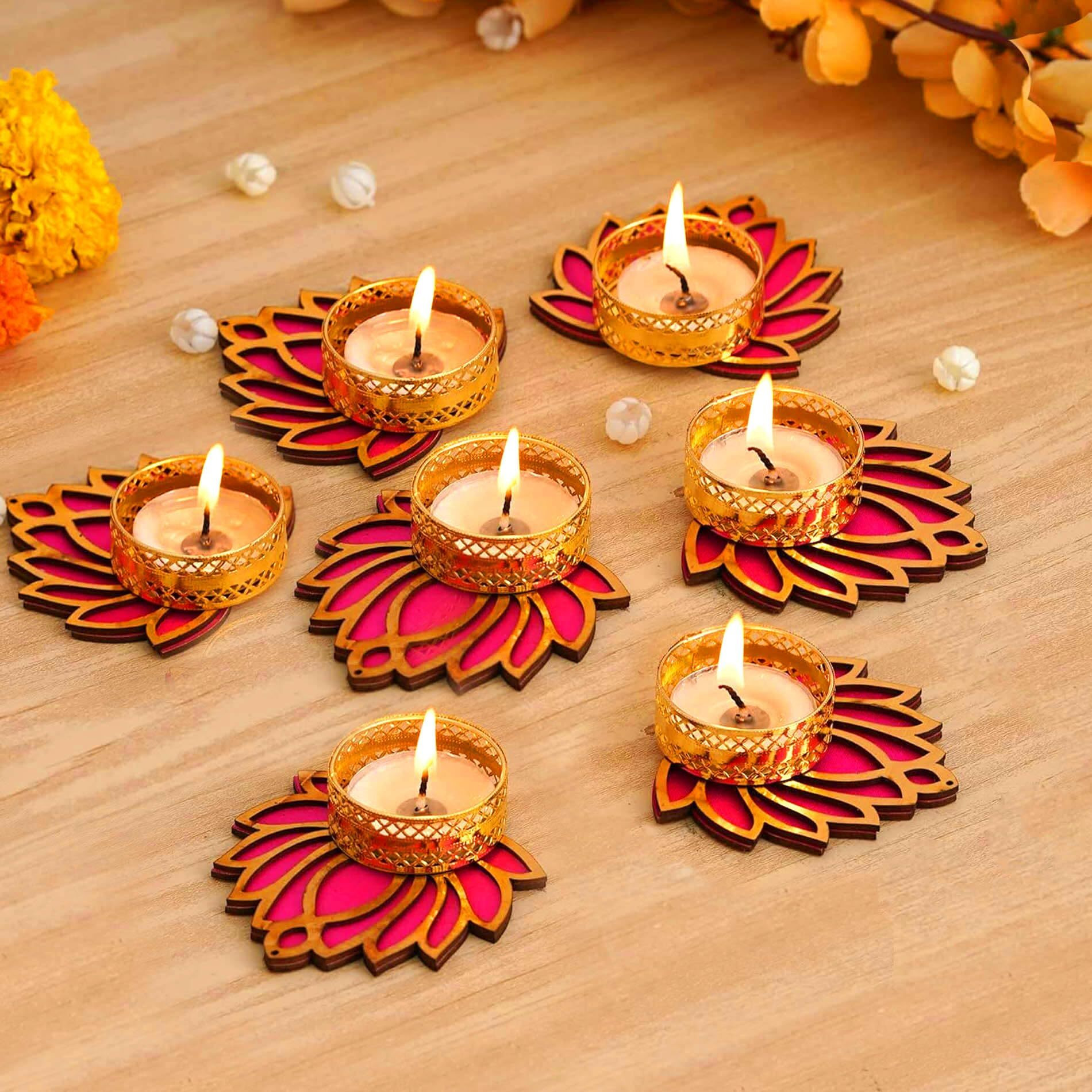 TIED RIBBONS Decorative Lotus Tealight Candle Holder Stand Set Of 7 - Decoration Items For Home Decor Diyas Indoor Outdoor Office Gifting, Gold