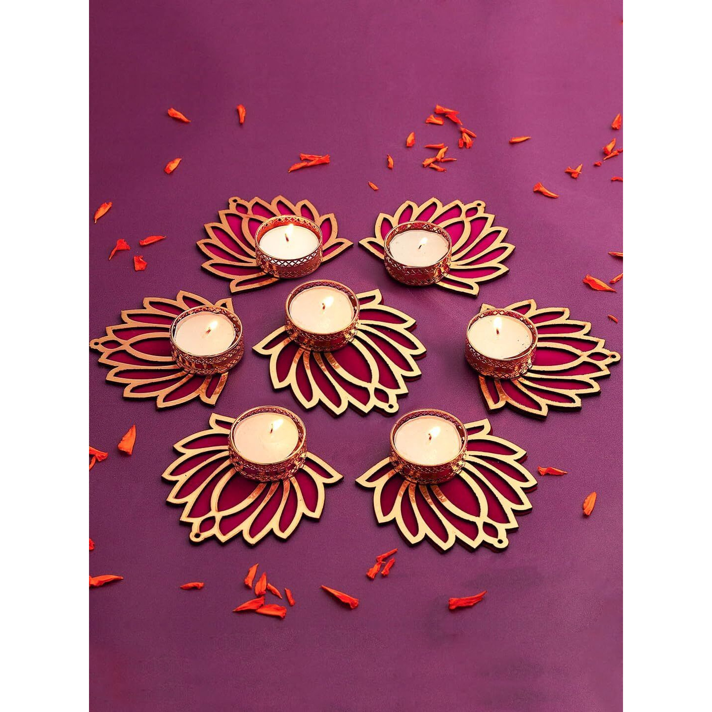 TIED RIBBONS Decorative Lotus Tealight Candle Holder Stand Set Of 7 - Decoration Items For Home Decor Diyas Indoor Outdoor Office Gifting, Gold
