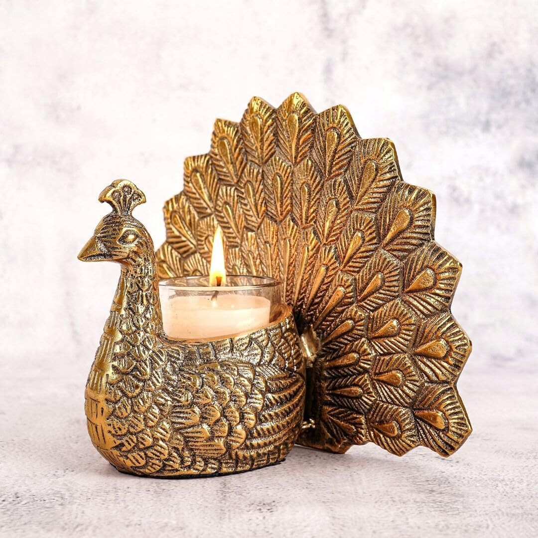 Behoma Metal Dancing Peacock Vastu Figurine for Good Luck and Love | Candle Holder for Home Dcor Tabletop Living Room Office | Showpiece Statue for Gifting (Scented Glass Votive Candle Included), Gold