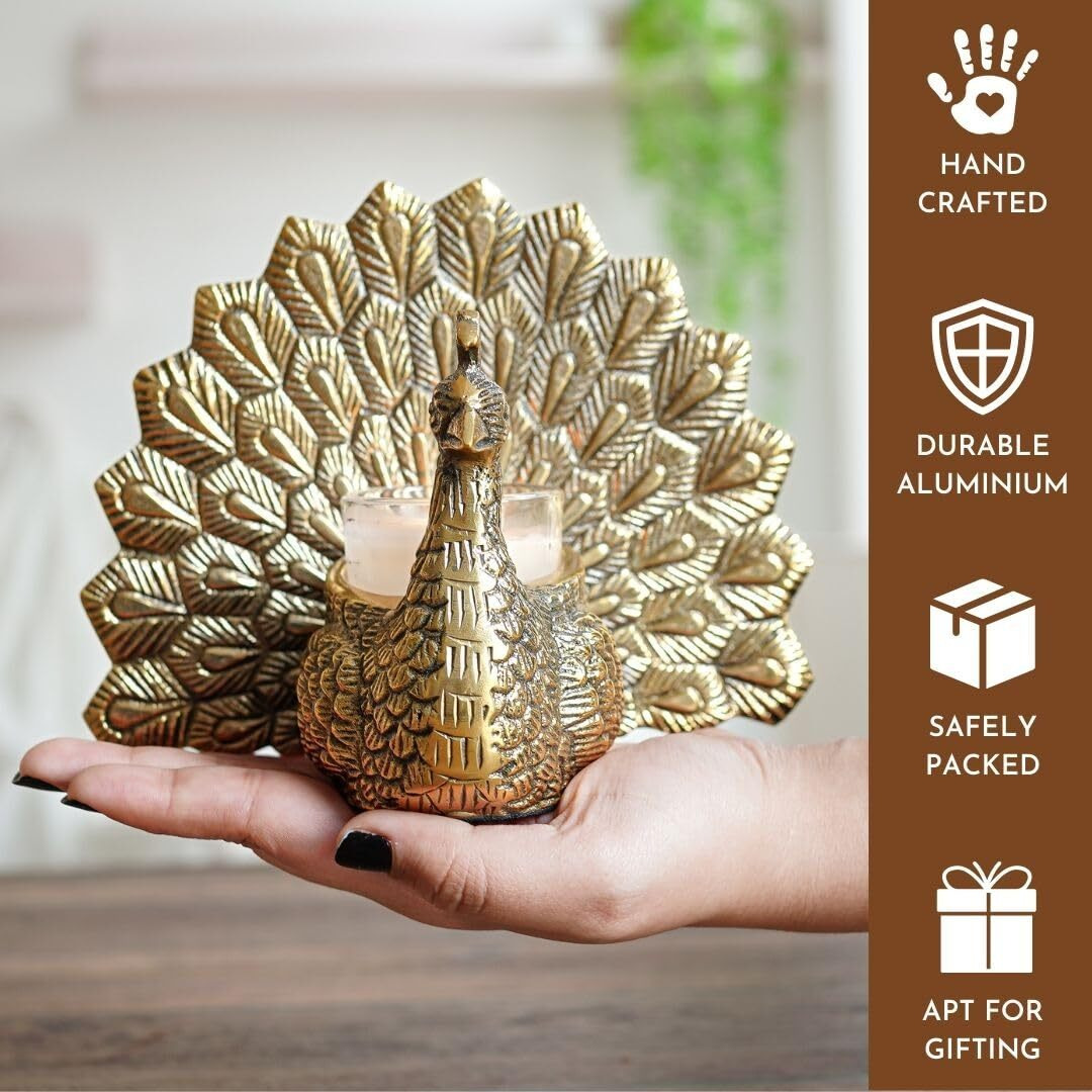 Behoma Metal Dancing Peacock Vastu Figurine for Good Luck and Love | Candle Holder for Home Dcor Tabletop Living Room Office | Showpiece Statue for Gifting (Scented Glass Votive Candle Included), Gold