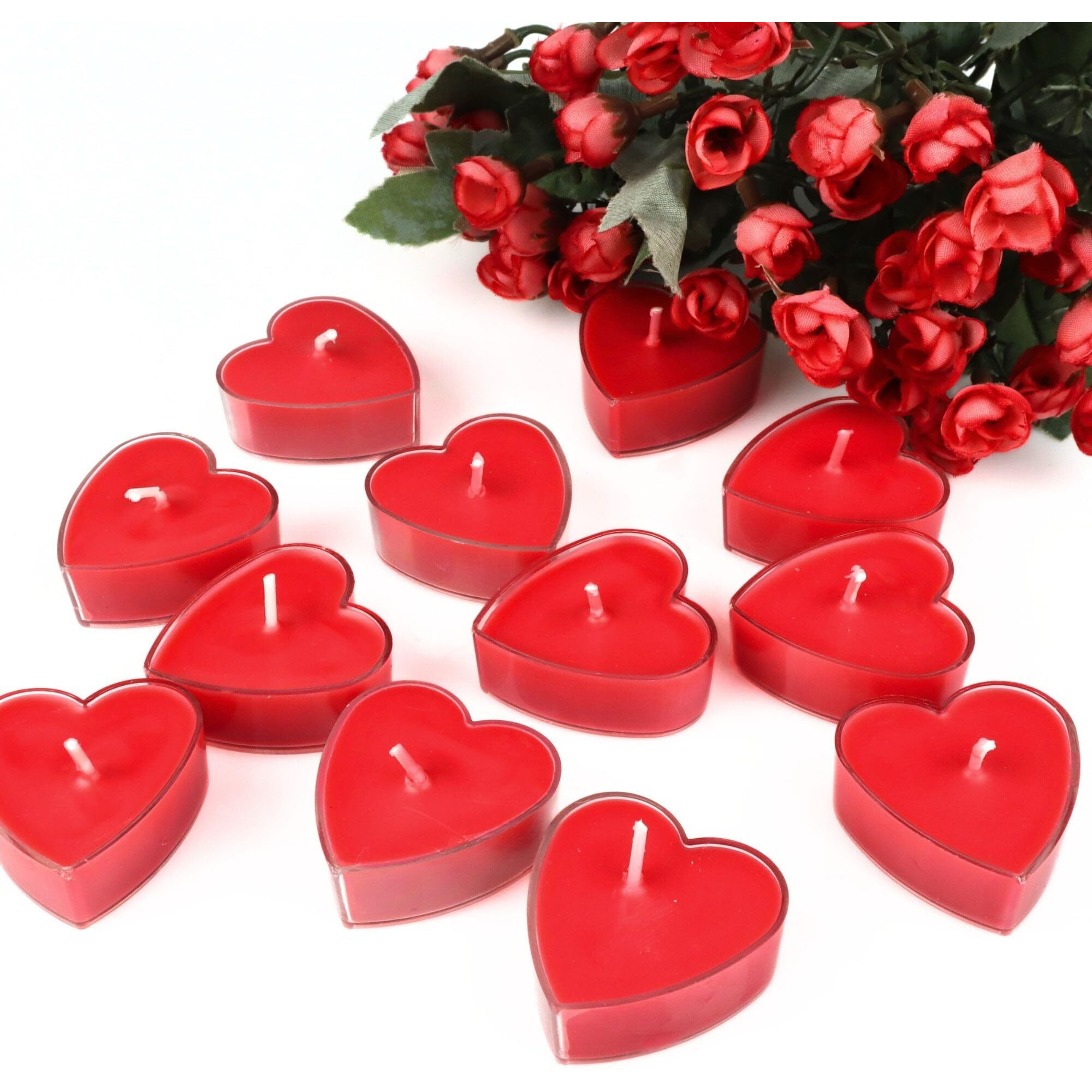 Shraddha Creation Scented Candles for Home Decor, Rose Fragrance, Heart Shape Wax Candle, Red Colour, Pack of 10, 3.5 x 1.5 Cm