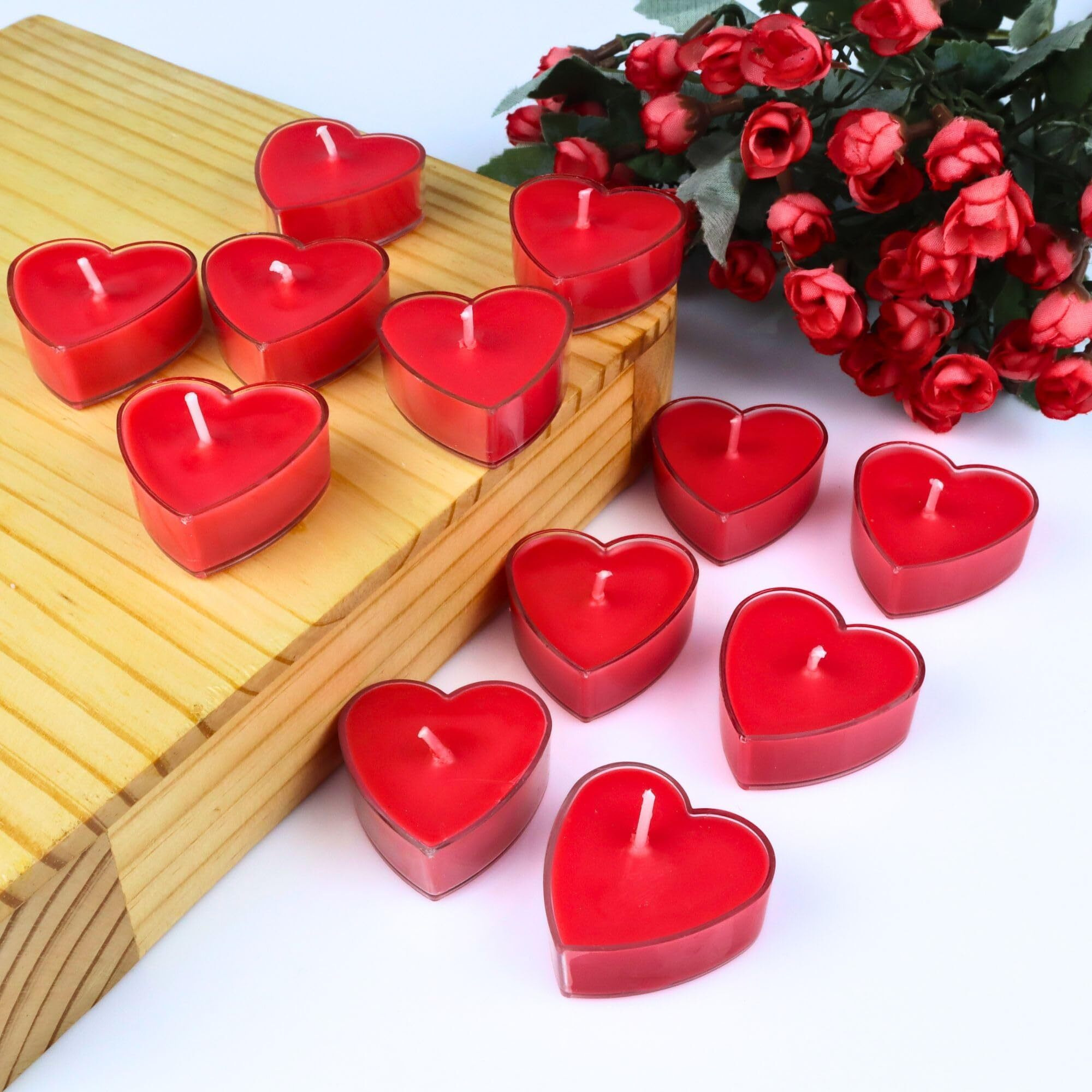 Shraddha Creation Scented Candles for Home Decor, Rose Fragrance, Heart Shape Wax Candle, Red Colour, Pack of 10, 3.5 x 1.5 Cm