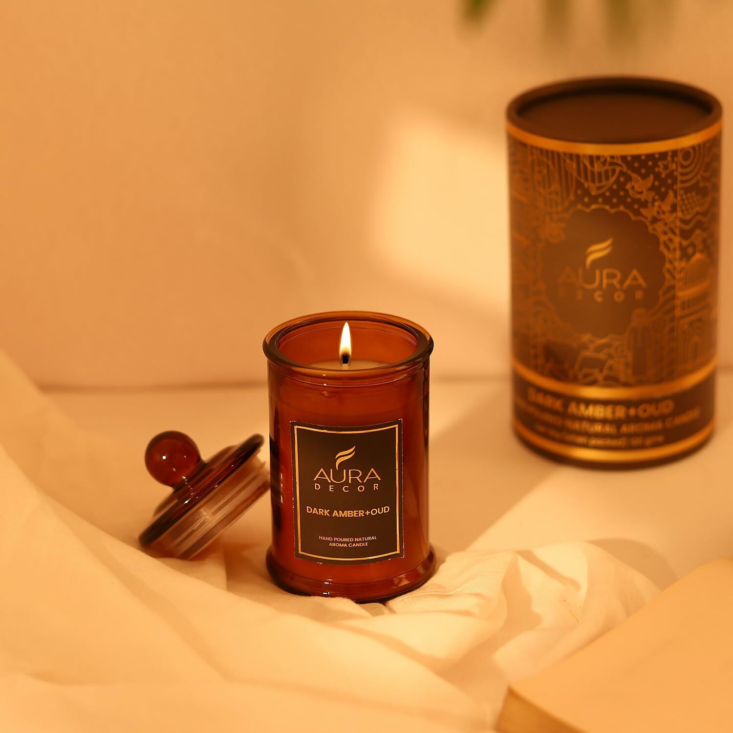 AuraDecor Scented Tomb Lid Jar Candle Organic Aroma Candles Soy Wax, Aromatic/Aromatherapy Fragrance Votive Candle (Dark Amber + Oud)