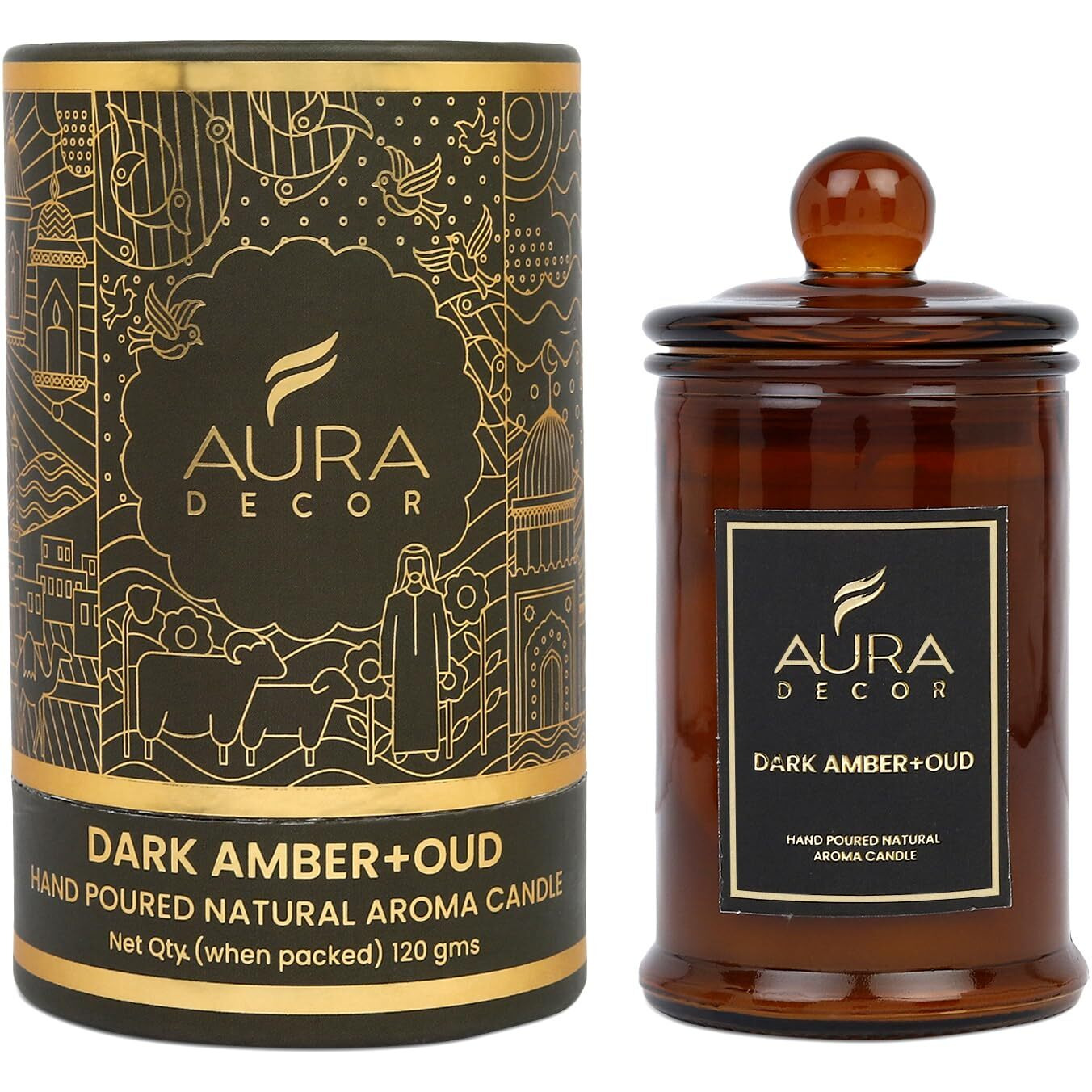 AuraDecor Scented Tomb Lid Jar Candle Organic Aroma Candles Soy Wax, Aromatic/Aromatherapy Fragrance Votive Candle (Dark Amber + Oud)