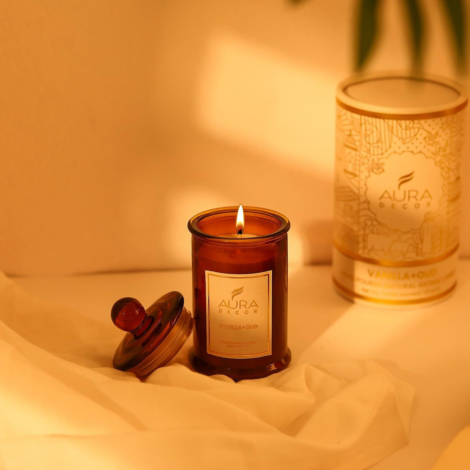 AuraDecor Scented Tomb Lid Jar Candle Organic Aroma Candles Soy Wax, Aromatic/Aromatherapy Fragrance Votive Candle (Vanilla + Oud)