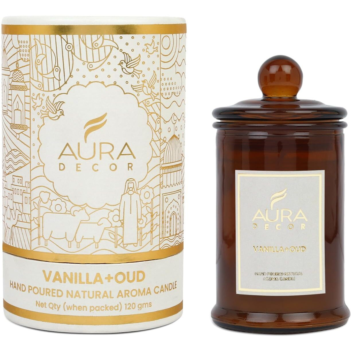AuraDecor Scented Tomb Lid Jar Candle Organic Aroma Candles Soy Wax, Aromatic/Aromatherapy Fragrance Votive Candle (Vanilla + Oud)