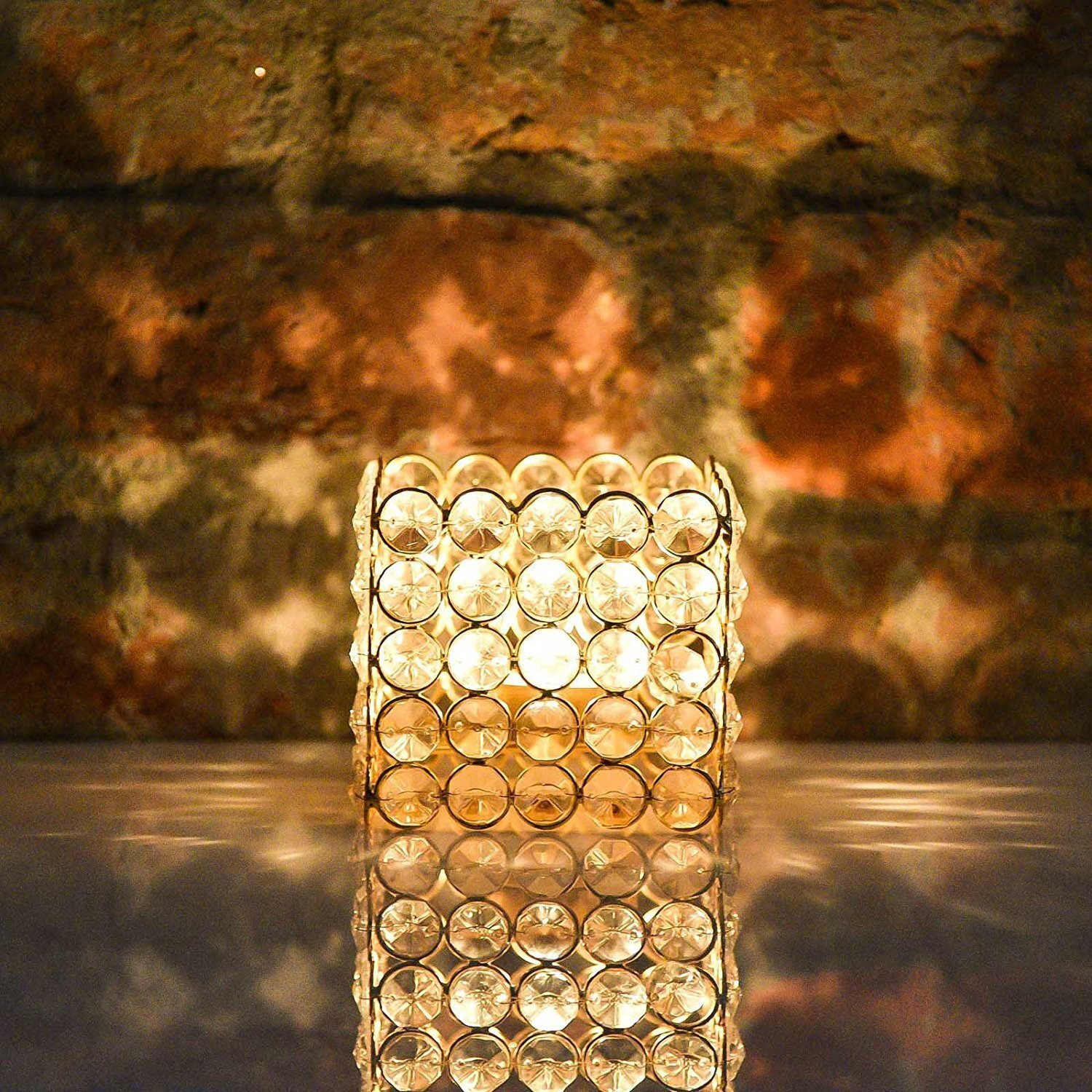 Collectible India Crystal Tealight Candle Holder (Gold_3.5 Inch X 3.5 Inch x 3.5 Inch)