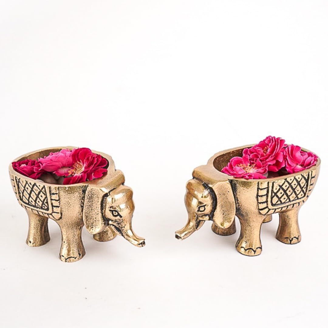 BEHOMA Aluminium Elephant Statue for Good Luck | Candle Holder for Tabletop Living Room Office | Succulent Plant Pot Gift Vastu Showpiece (Candles/Plants etc not Included) (Set of 2)