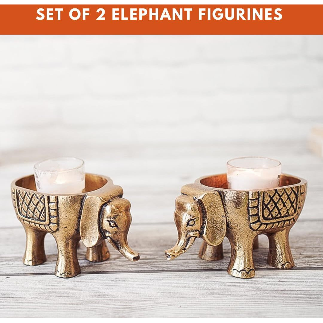 BEHOMA Aluminium Elephant Statue for Good Luck | Candle Holder for Tabletop Living Room Office | Succulent Plant Pot Gift Vastu Showpiece (Candles/Plants etc not Included) (Set of 2)