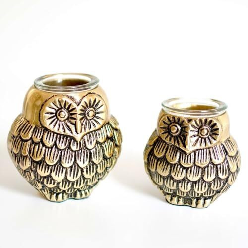 BEHOMA Metal Pair Of Owls With Votives For Good Luck And Love | Candle Holder For Home Decor Tabletop Living Room Office | Showpiece Vastu Statue For Gifting Set Of 2, Gold