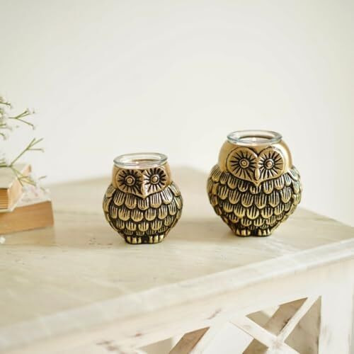 BEHOMA Metal Pair Of Owls With Votives For Good Luck And Love | Candle Holder For Home Decor Tabletop Living Room Office | Showpiece Vastu Statue For Gifting Set Of 2, Gold