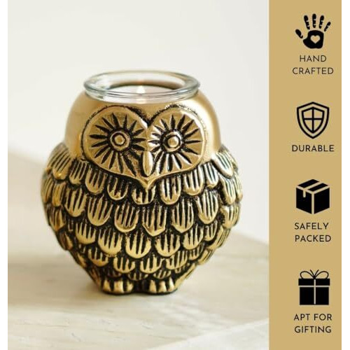 BEHOMA Metal Pair Of Owls With Votives For Good Luck And Love | Candle Holder For Home Decor Tabletop Living Room Office | Showpiece Vastu Statue For Gifting Set Of 2, Gold