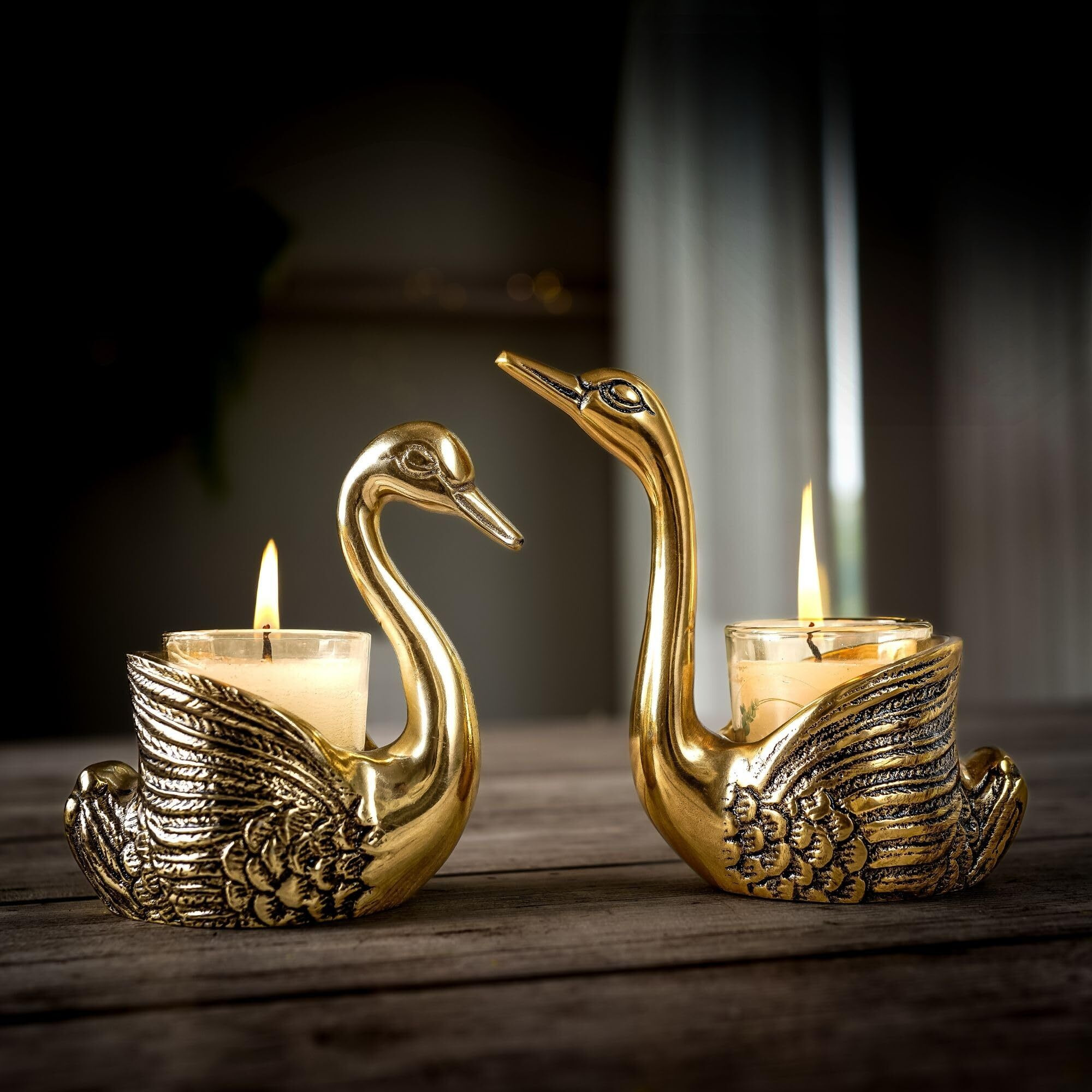BEHOMA Metal Pair of Swans for Good Luck and Love|Candle Holder for Home Decor Tabletop Living Room Office|Showpiece Vastu Statue for Gifting (Candles/Plants Etc Not Included), Gold