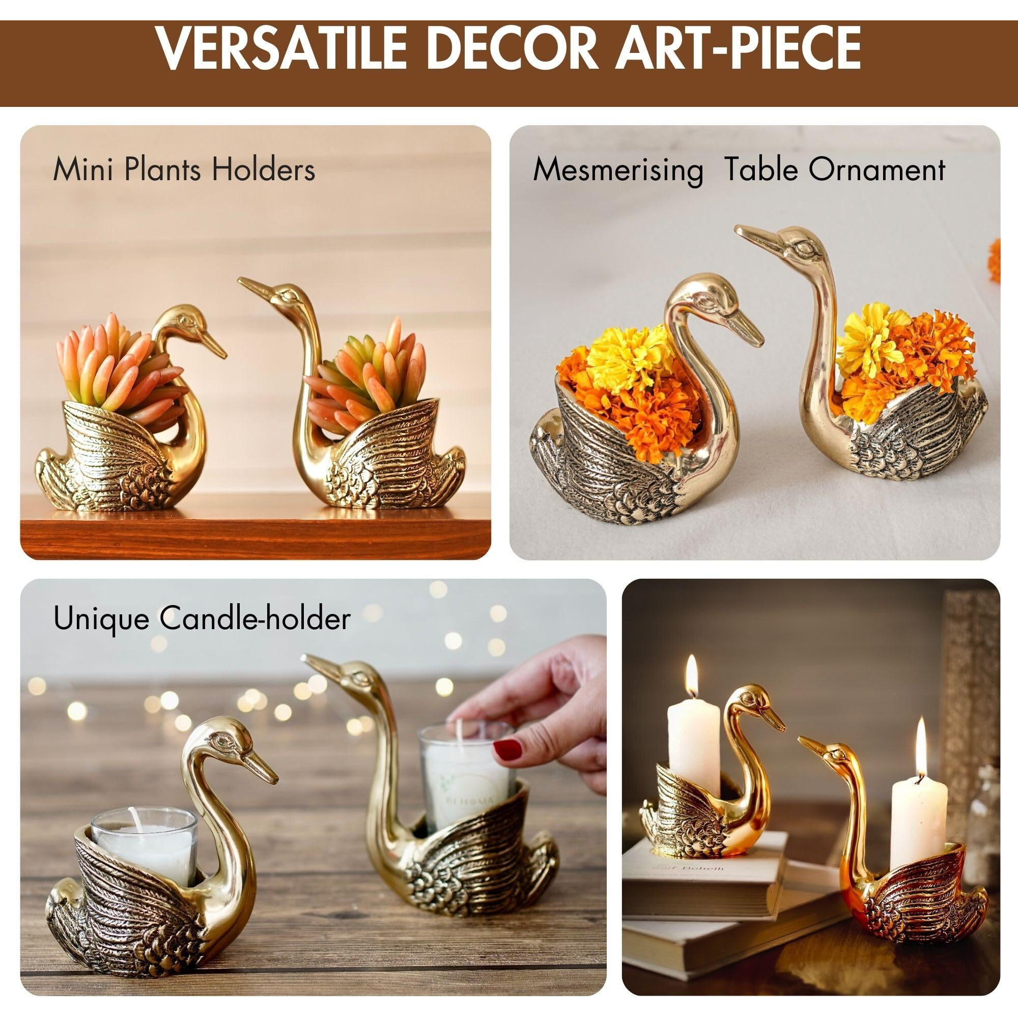 BEHOMA Metal Pair of Swans for Good Luck and Love|Candle Holder for Home Decor Tabletop Living Room Office|Showpiece Vastu Statue for Gifting (Candles/Plants Etc Not Included), Gold