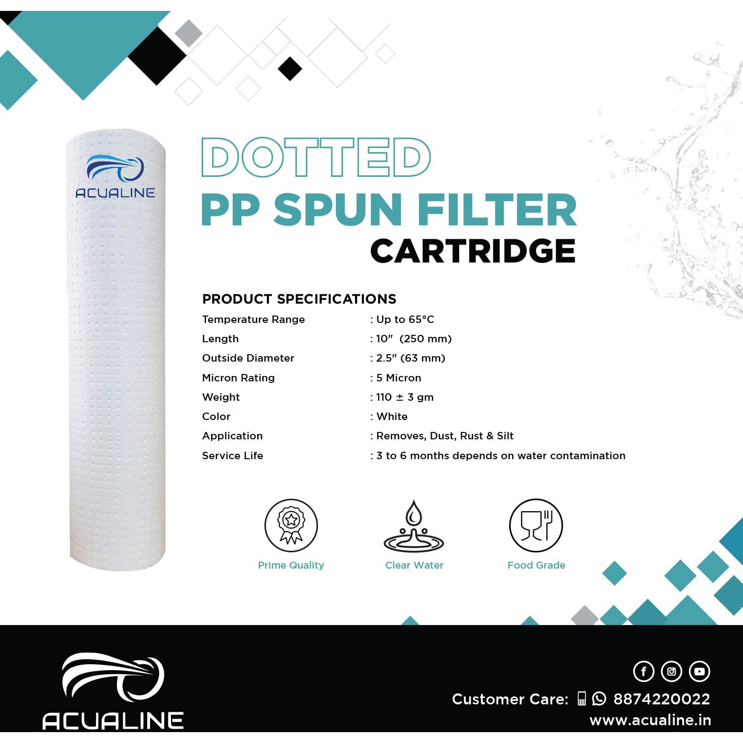 ACUALINE Dotted High Density Spun Filter for Water Purifier, 10 Inch 5 Micron Water Filter Cartridge, 110 gm Filter Candle, Pre Filter Cartridge for RO Water Purifier (Pack of 4)