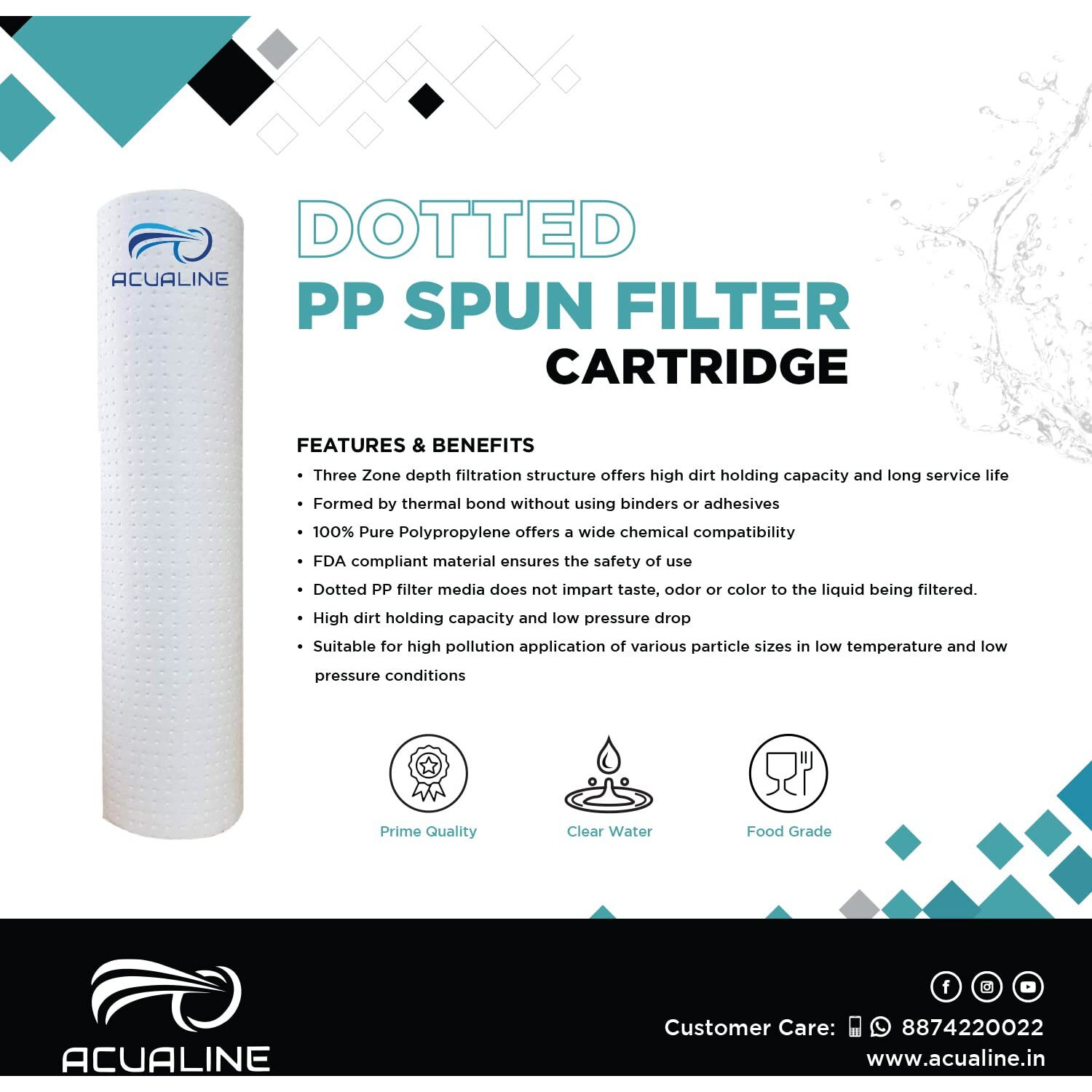 ACUALINE Dotted High Density Spun Filter for Water Purifier, 10 Inch 5 Micron Water Filter Cartridge, 110 gm Filter Candle, Pre Filter Cartridge for RO Water Purifier (Pack of 2)