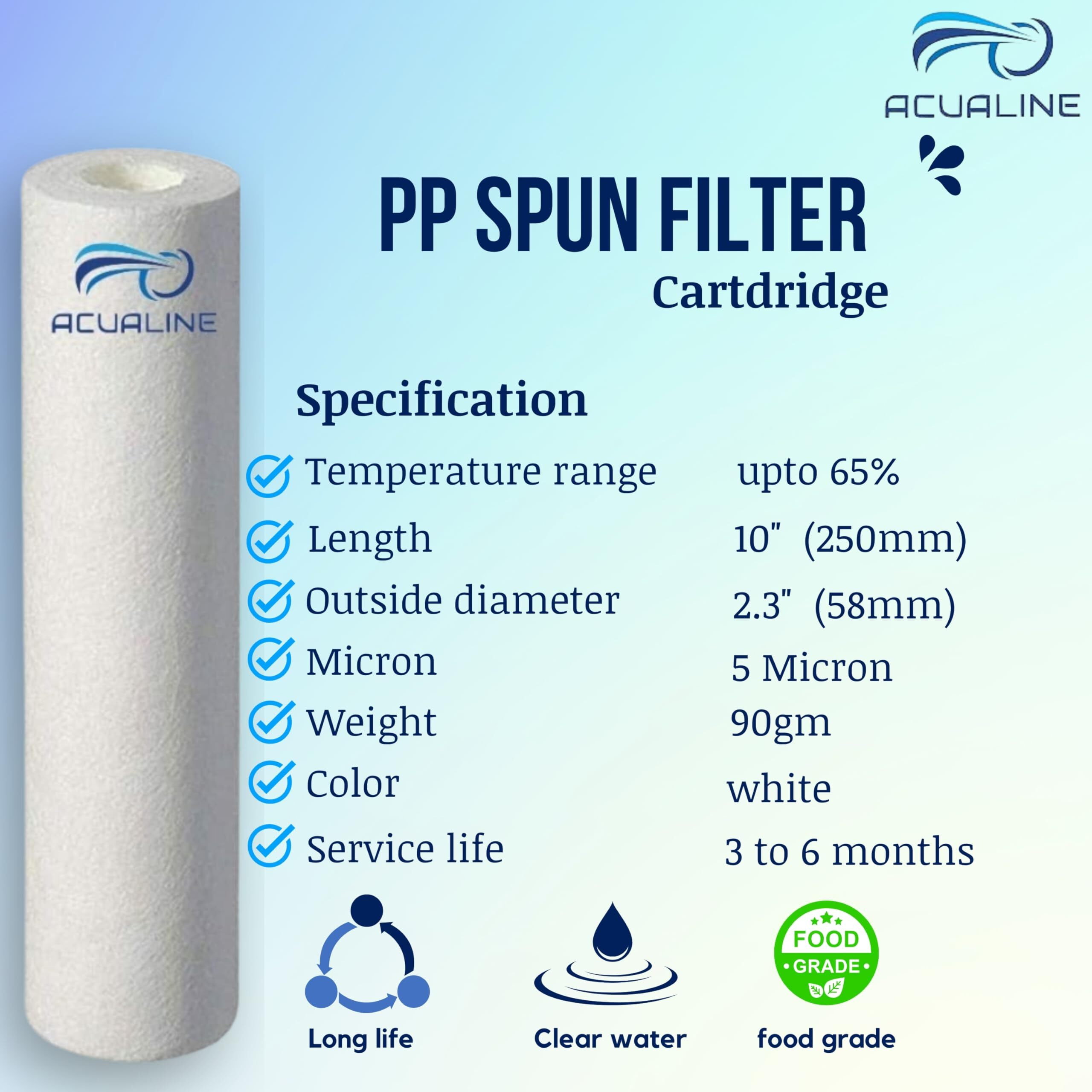 Acualine Water Filter Candle, Water Purifier Candle 10 Inch 5 Micron 90 gm, Spun Filter for Water Purifier, High Density Pre Filter Cartridge for All Type of RO Water Purifier (Pack of 2)