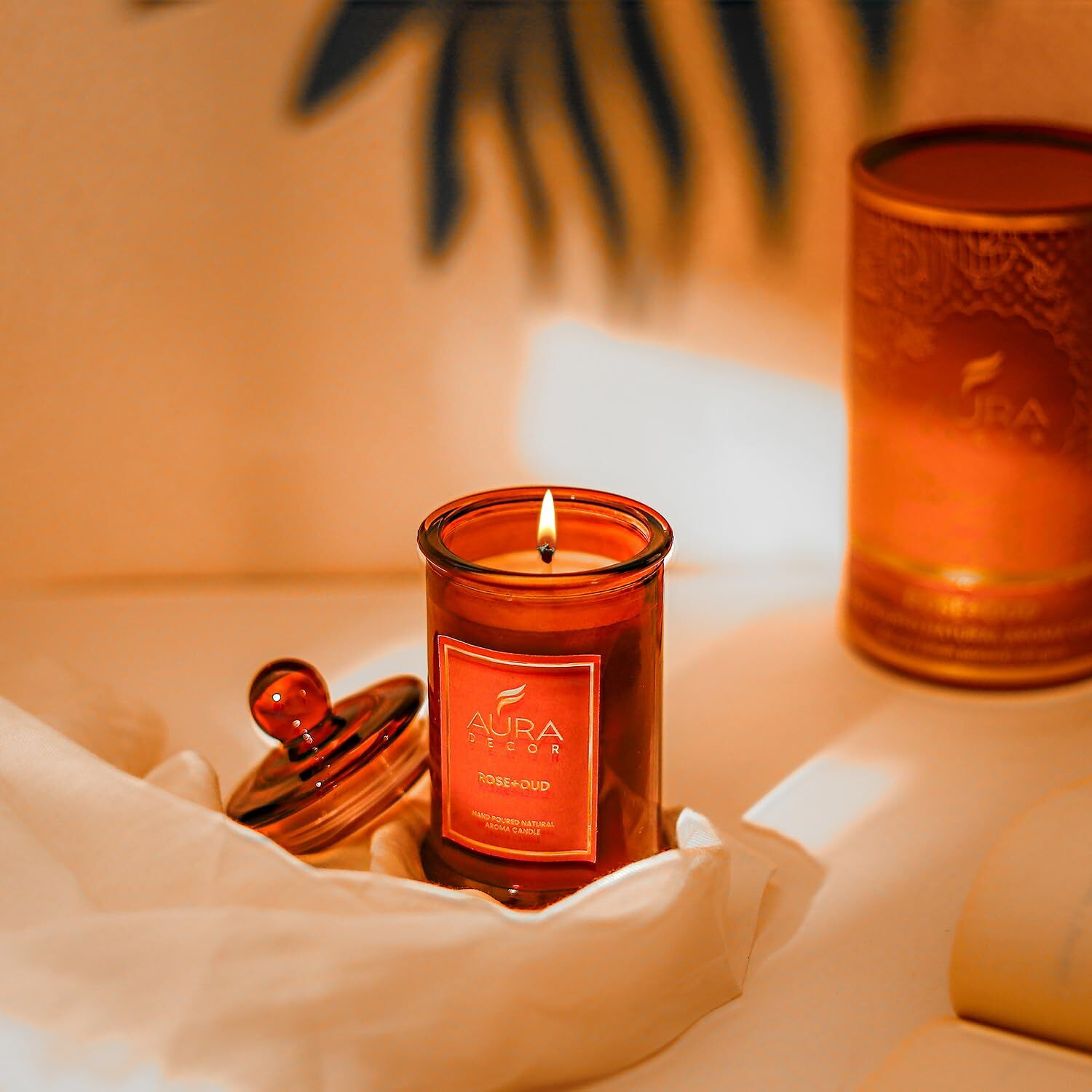 AuraDecor Scented Tomb Lid Jar Candle Organic Aroma Candles Soy Wax, Aromatic/Aromatherapy Fragrance Votive Candle (Rose + Oud)