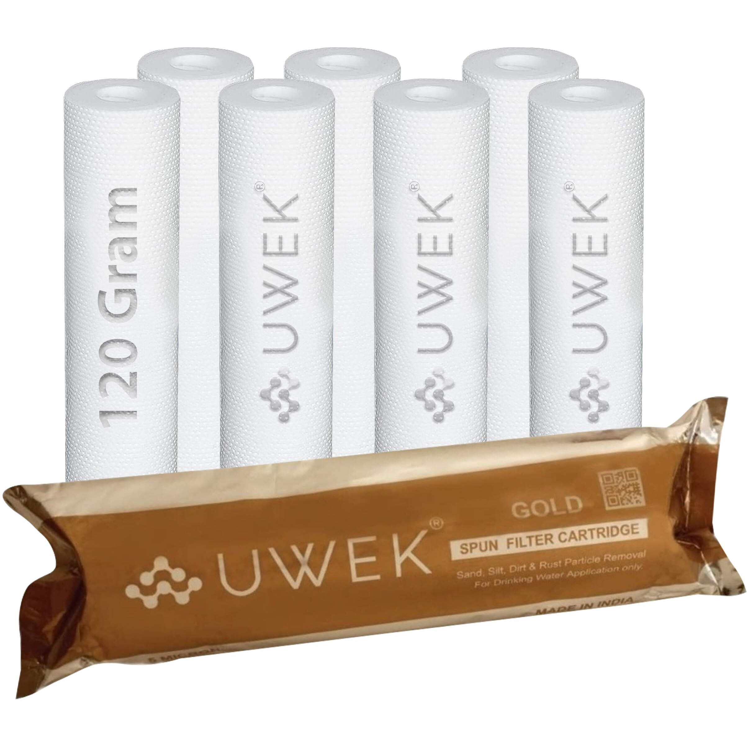 UWEK Gold High Density Spun Filter for Water Purifier, Water Filter Cartridge 10 inch 5 Micron, Pre Filter Cartridge, 120 gm Sediment Filter Candle Suitable for RO Water Purifier Pre Filter (Pack of 8)