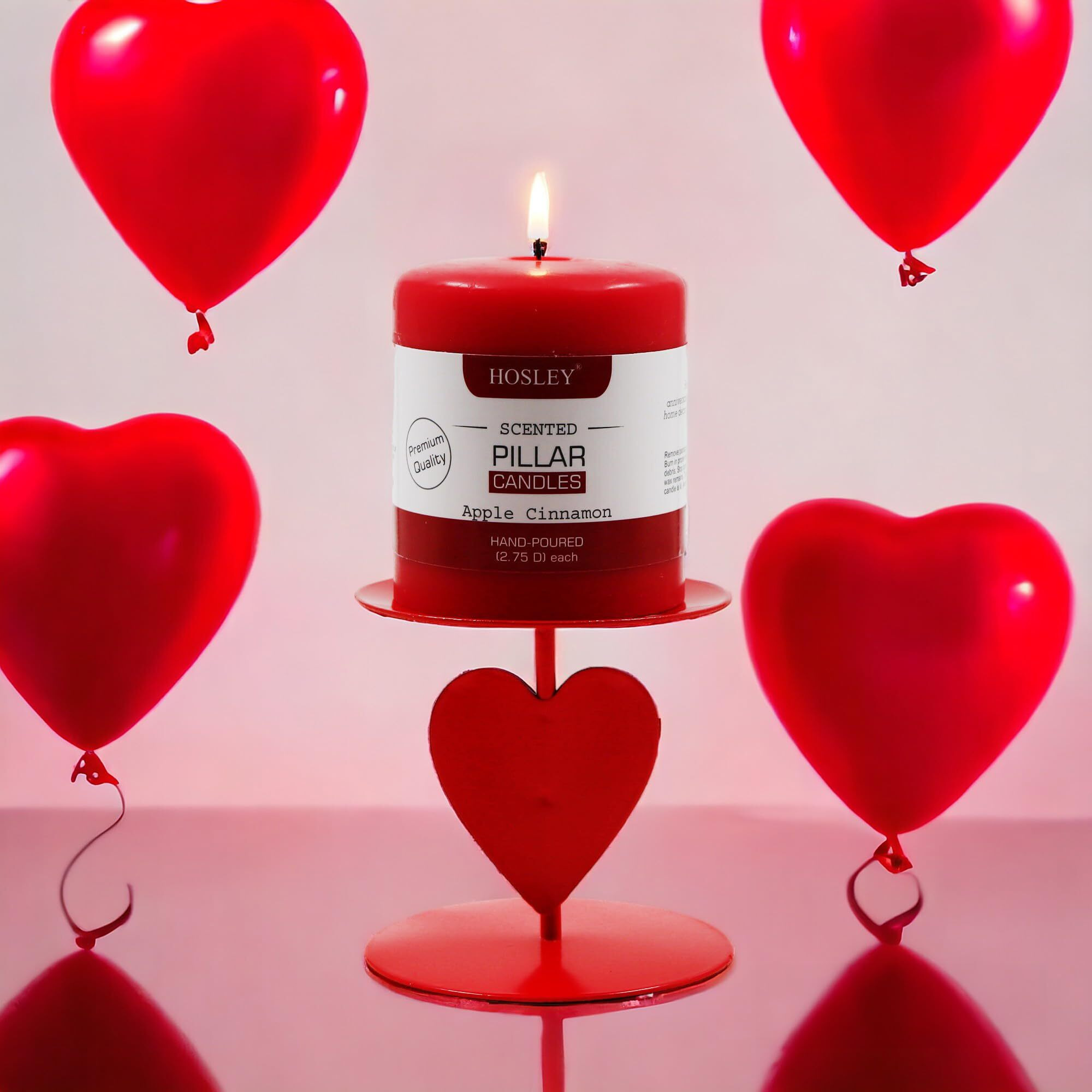 HOSLEY Heart Shape Iron Pillar Candle Holder with Apple Cinnamon Fragrance Pillar Candle 3 Inch|45 Hours Burning Time|Valentine Week Gift Combo for Girlfriend, Wife,Girls,Women, Men|Pack of 1(Red)