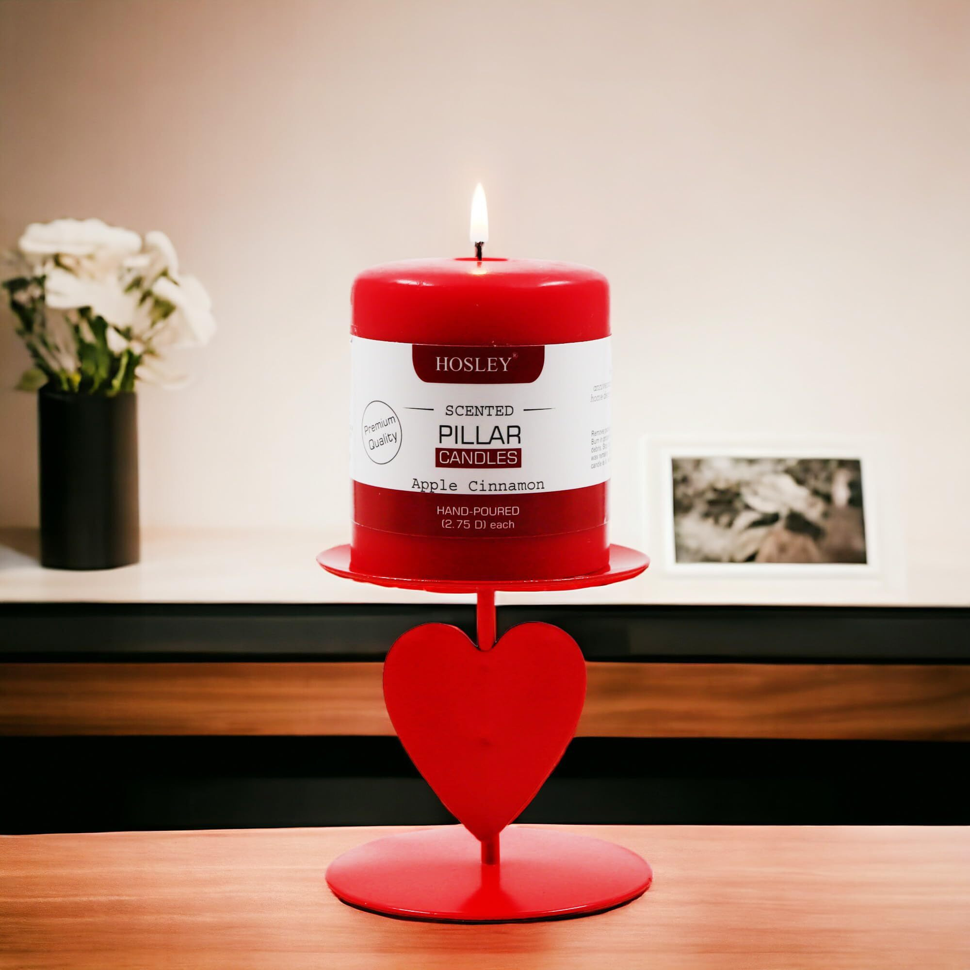 HOSLEY Heart Shape Iron Pillar Candle Holder with Apple Cinnamon Fragrance Pillar Candle 3 Inch|45 Hours Burning Time|Valentine Week Gift Combo for Girlfriend, Wife,Girls,Women, Men|Pack of 1(Red)