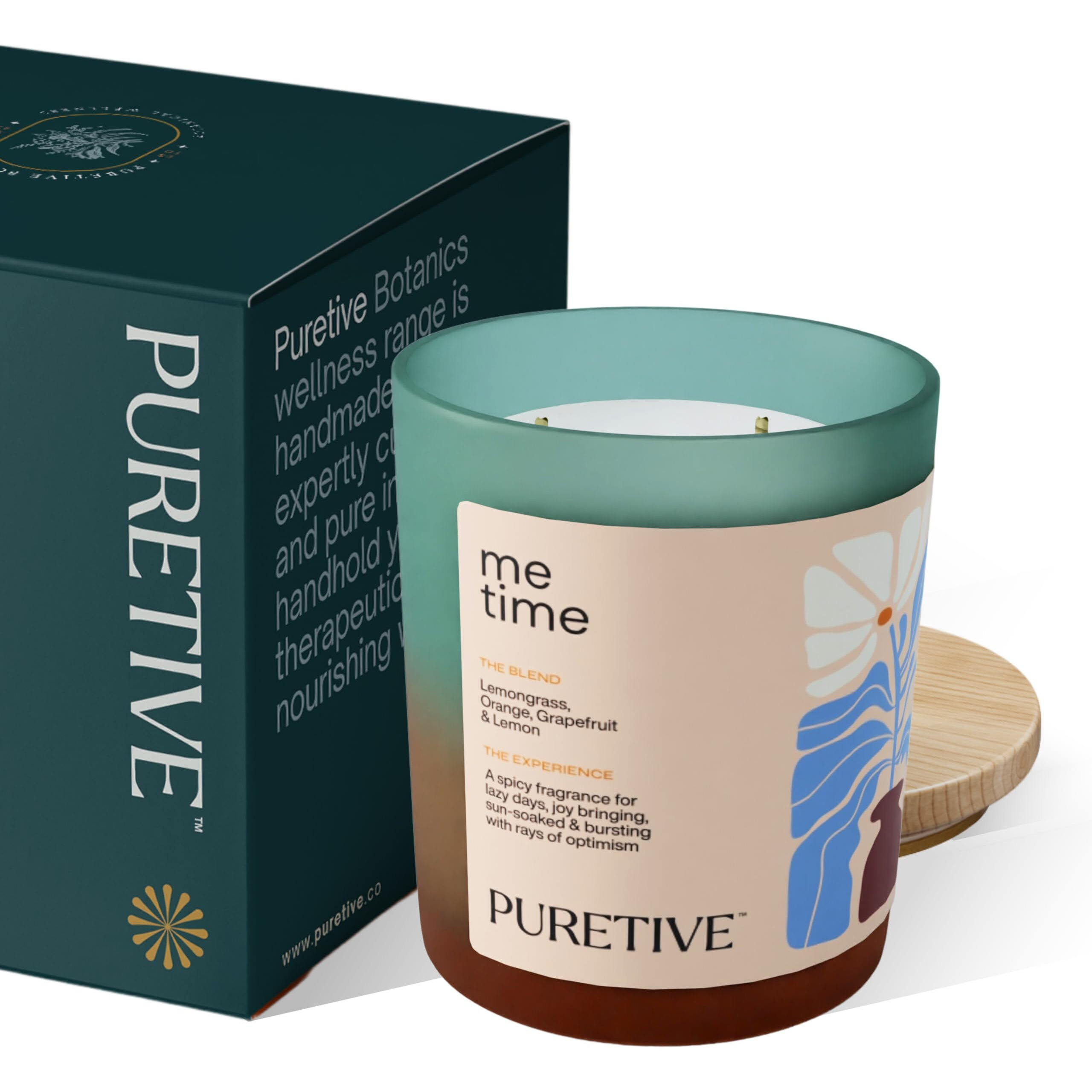 Puretive Me Time Scented Soy Wax Candle | Lemongrass, Jasmine & Light Musk | Scented Candles for Home Decor, Luxury Gifting | 2 Wick Candle | Large I Upto 35 hrs Burn time | 480 Grams