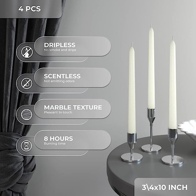 AuraDecor Taper Candles Pack || Dinner Candles || Celebration Candles || 10 inch Candles || Dripless || Smokeless Candle || Burnng Time 8 Hours (Pack of 4, Ivory)