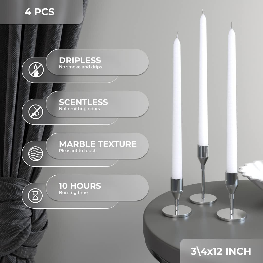 AuraDecor Taper Candles Pack || Dinner Candles || Celebration Candles || 10 inch Candles || Dripless || Smokeless Candle || Burnng Time 8 Hours (Pack of 4, White)