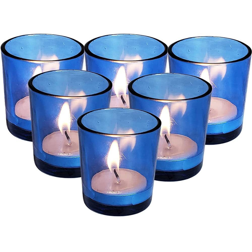 Pure Source India Set of 6 Glass Votive Tealight Candle Holders - Living Room Side Table Home Decoration (Glass, Pack of 6, Blue)