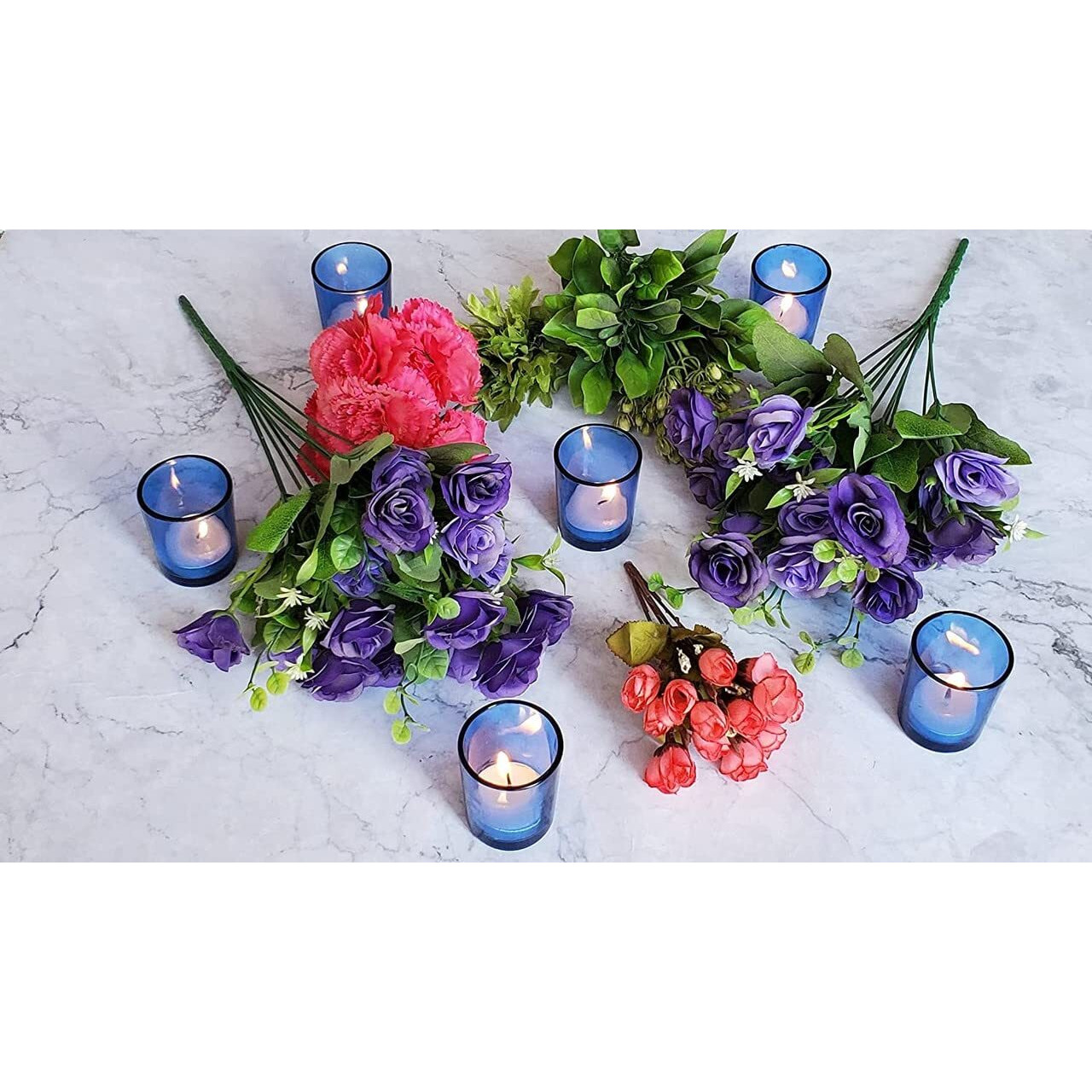 Pure Source India Set of 6 Glass Votive Tealight Candle Holders - Living Room Side Table Home Decoration (Glass, Pack of 6, Blue)