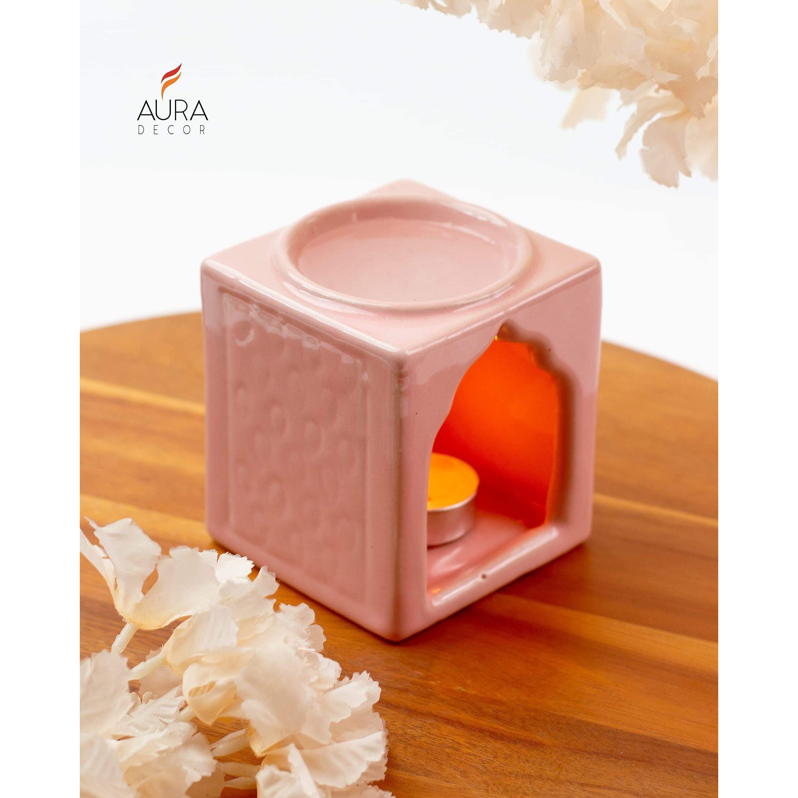 AuraDecor Handcrafted Small Ceramic Burner Square Shape with 1 T-Light Candle for Home Decorations (Pink)