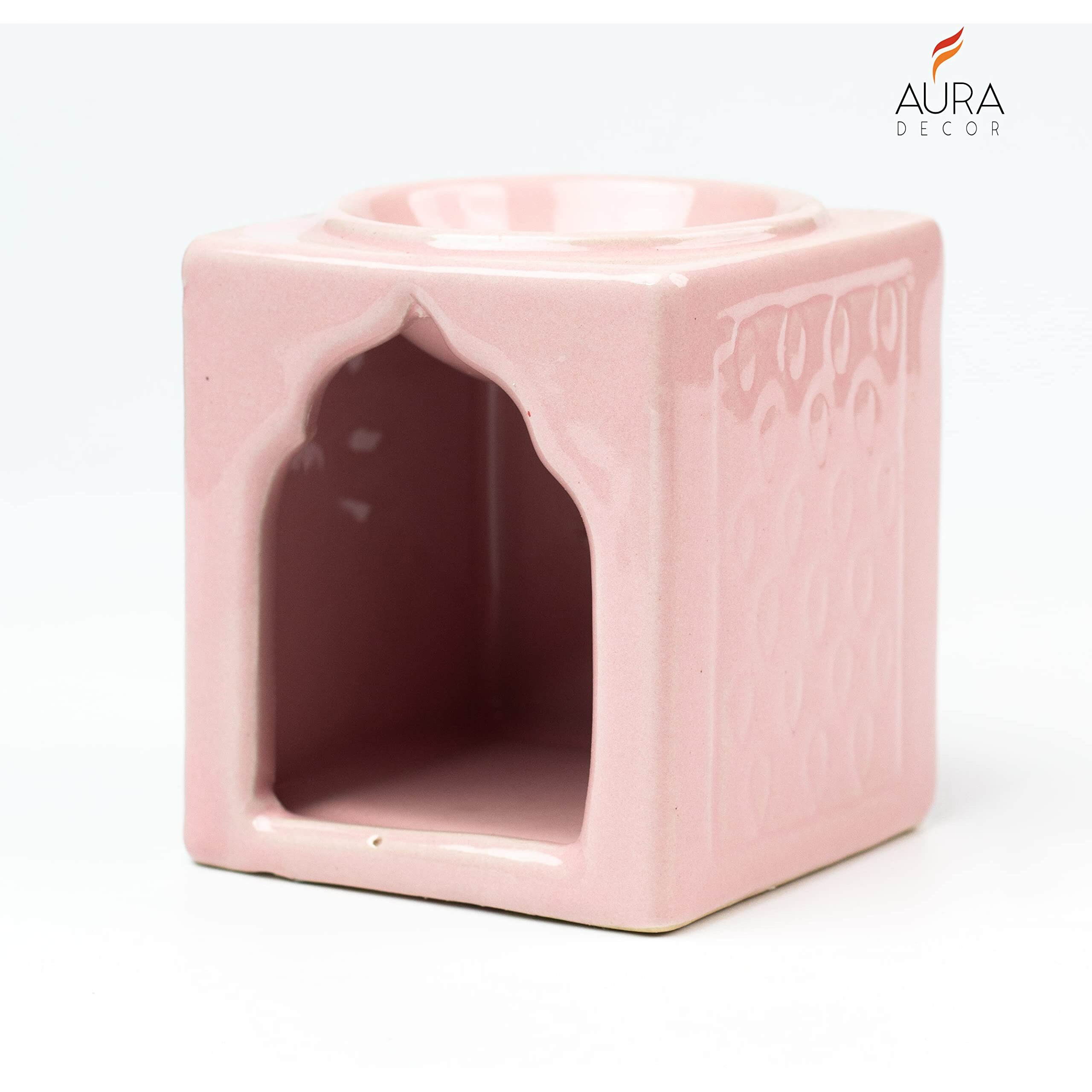 AuraDecor Handcrafted Small Ceramic Burner Square Shape with 1 T-Light Candle for Home Decorations (Pink)