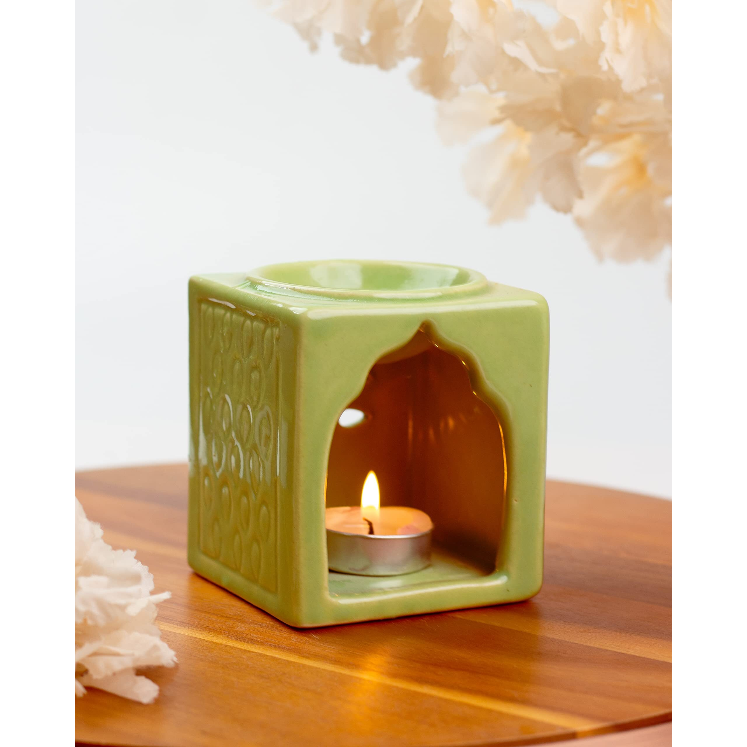AuraDecor Handcrafted Small Ceramic Burner Square Shape with 1 T-Light Candle for Home Decorations (Green)