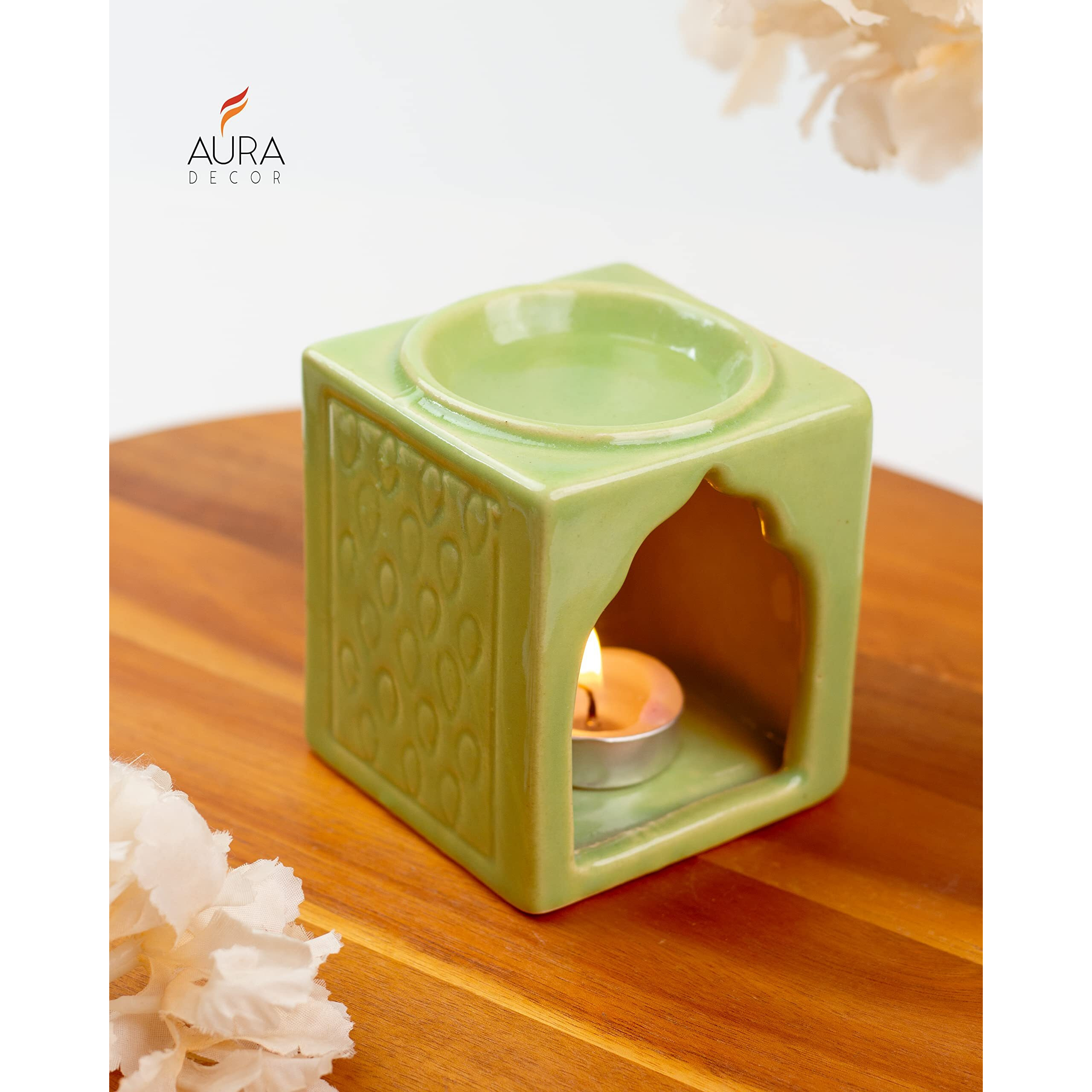 AuraDecor Handcrafted Small Ceramic Burner Square Shape with 1 T-Light Candle for Home Decorations (Green)