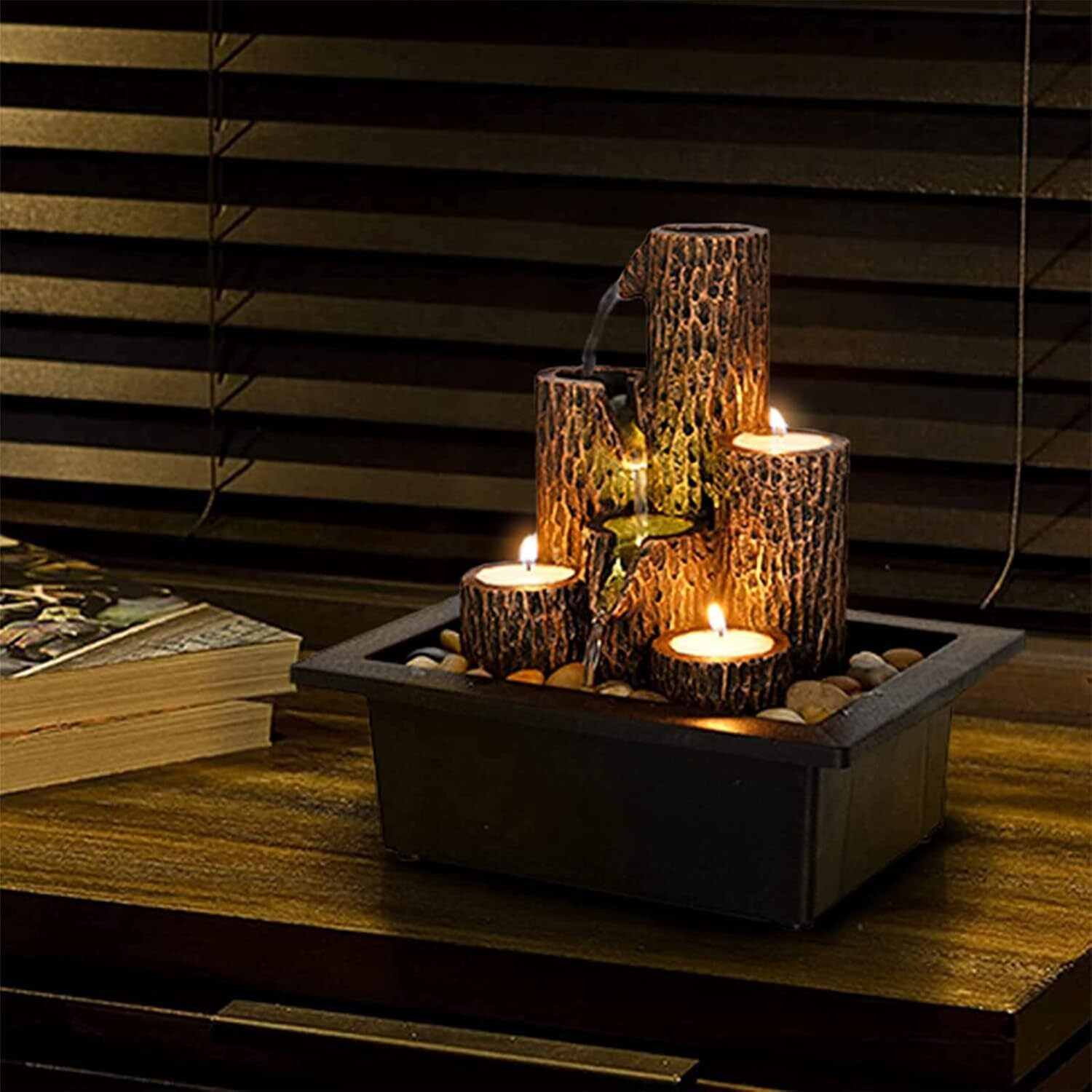 HOME CUBE Polyresin Tabletop Indoor Waterfall Fountain with Tea Light Candle Holder for Home Decor, Showpiece Fountain for Living Room Housewarming Gift Zen Water Fountain - 23x17.5x23.5cm (FT_04)
