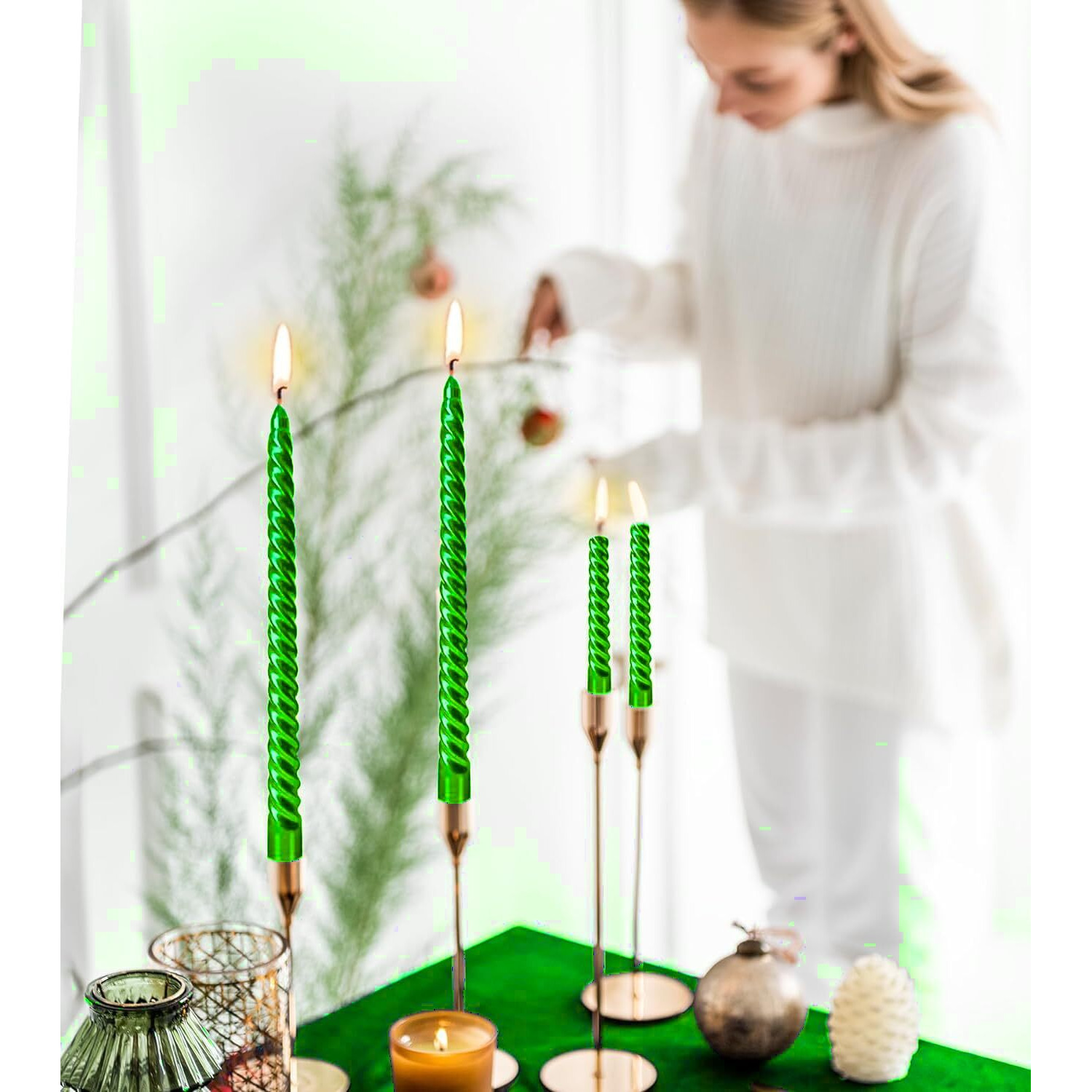 AuraDecor Taper Candles Pack || Dinner Candles || Celebration Candles || 10 inch Candles || Dripless || Smokeless Candle || Burnng Time 8 Hours (Spiral (Pack of 10), Green)