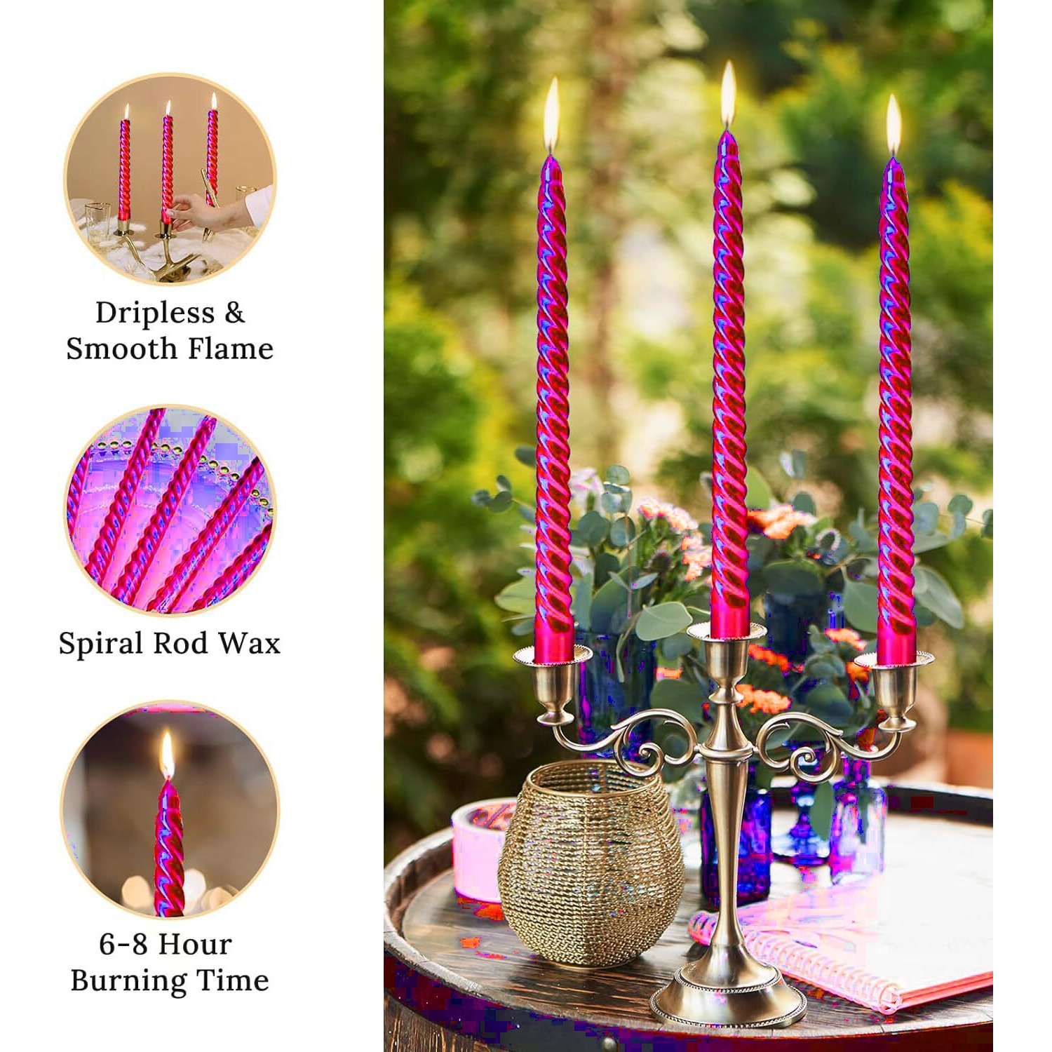 AuraDecor Taper Candles Pack || Dinner Candles || Celebration Candles || 10 inch Candles || Dripless || Smokeless Candle || Burnng Time 8 Hours (Spiral (Pack of 10), Pink)