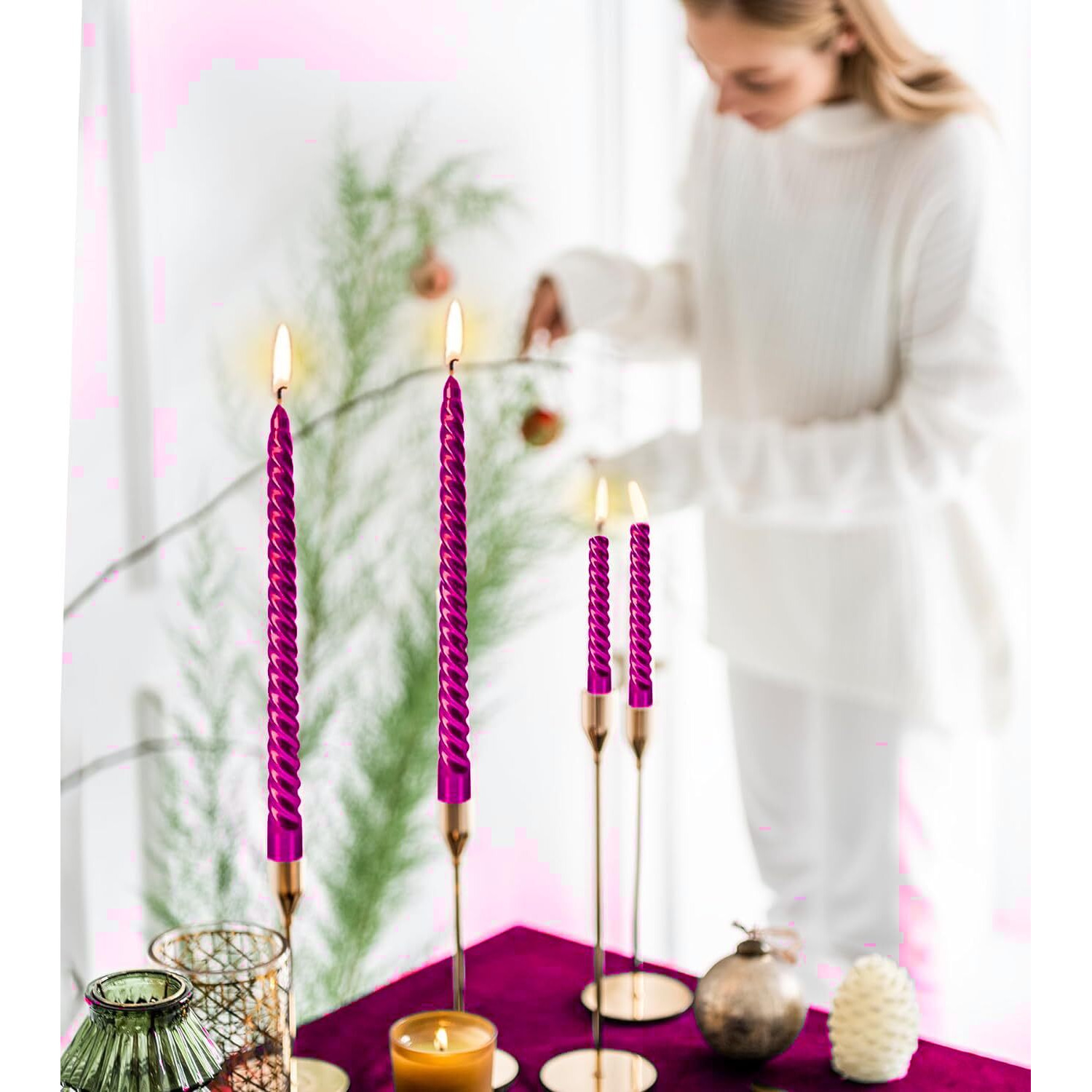 AuraDecor Taper Candles Pack || Dinner Candles || Celebration Candles || 10 inch Candles || Dripless || Smokeless Candle || Burnng Time 8 Hours (Spiral (Pack of 10), Pink)