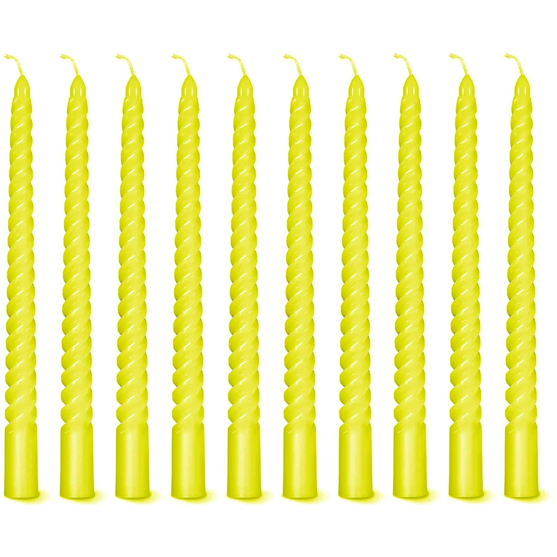 AuraDecor Taper Candles Pack || Dinner Candles || Celebration Candles || 10 inch Candles || Dripless || Smokeless Candle || Burnng Time 8 Hours (Spiral (Pack of 10), Yellow)