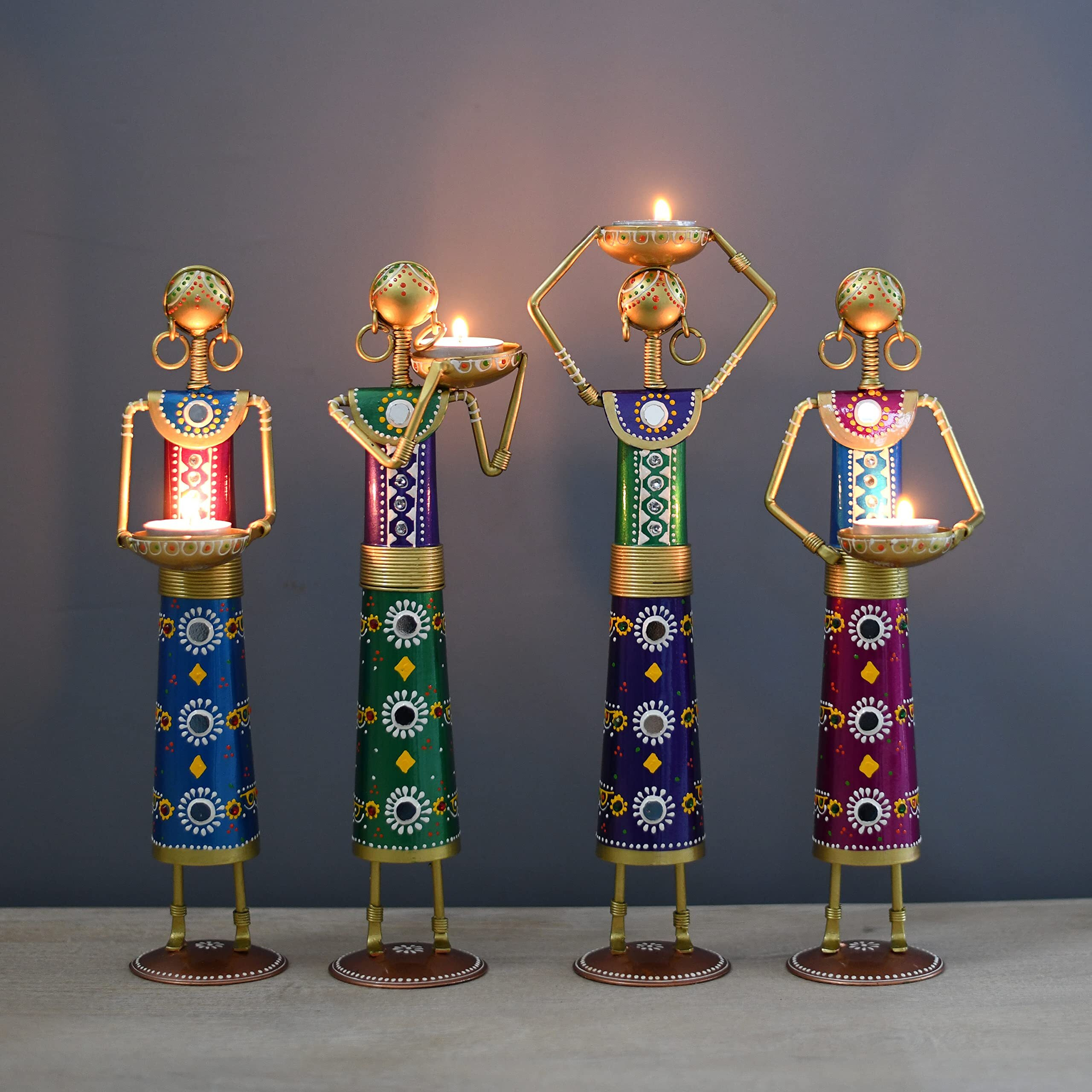 Lamcy Plaza Metal Rajasthani Kalbelia Tea Light Doll Set of 4 Candle Holder for Home Decor | Antique Decorative Tealight | Room | Bedroom | Multicolour | Each Size L3 X W 5 X H14 Inches |