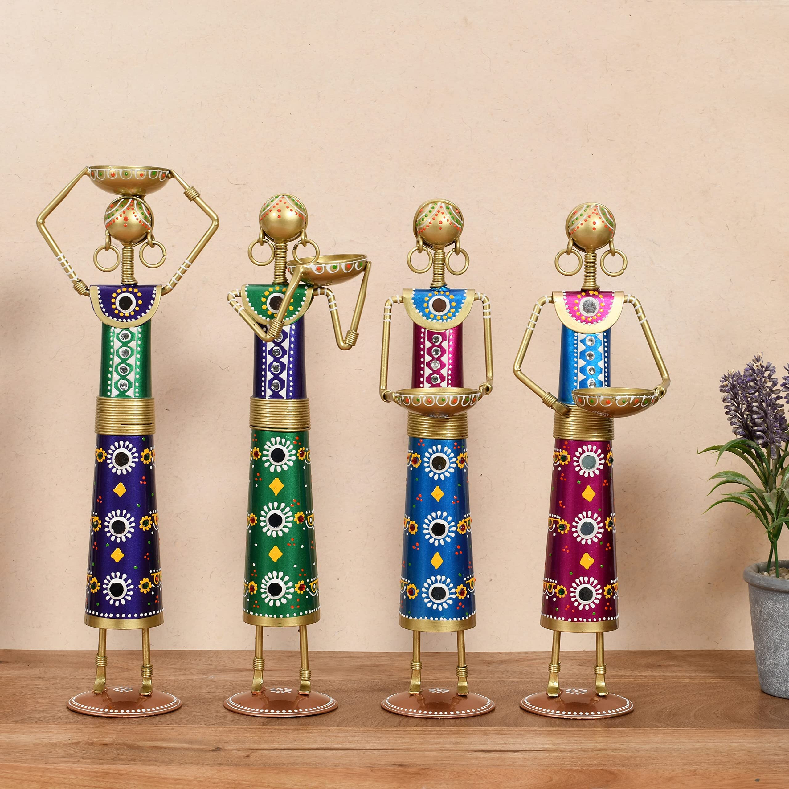 Lamcy Plaza Metal Rajasthani Kalbelia Tea Light Doll Set of 4 Candle Holder for Home Decor | Antique Decorative Tealight | Room | Bedroom | Multicolour | Each Size L3 X W 5 X H14 Inches |