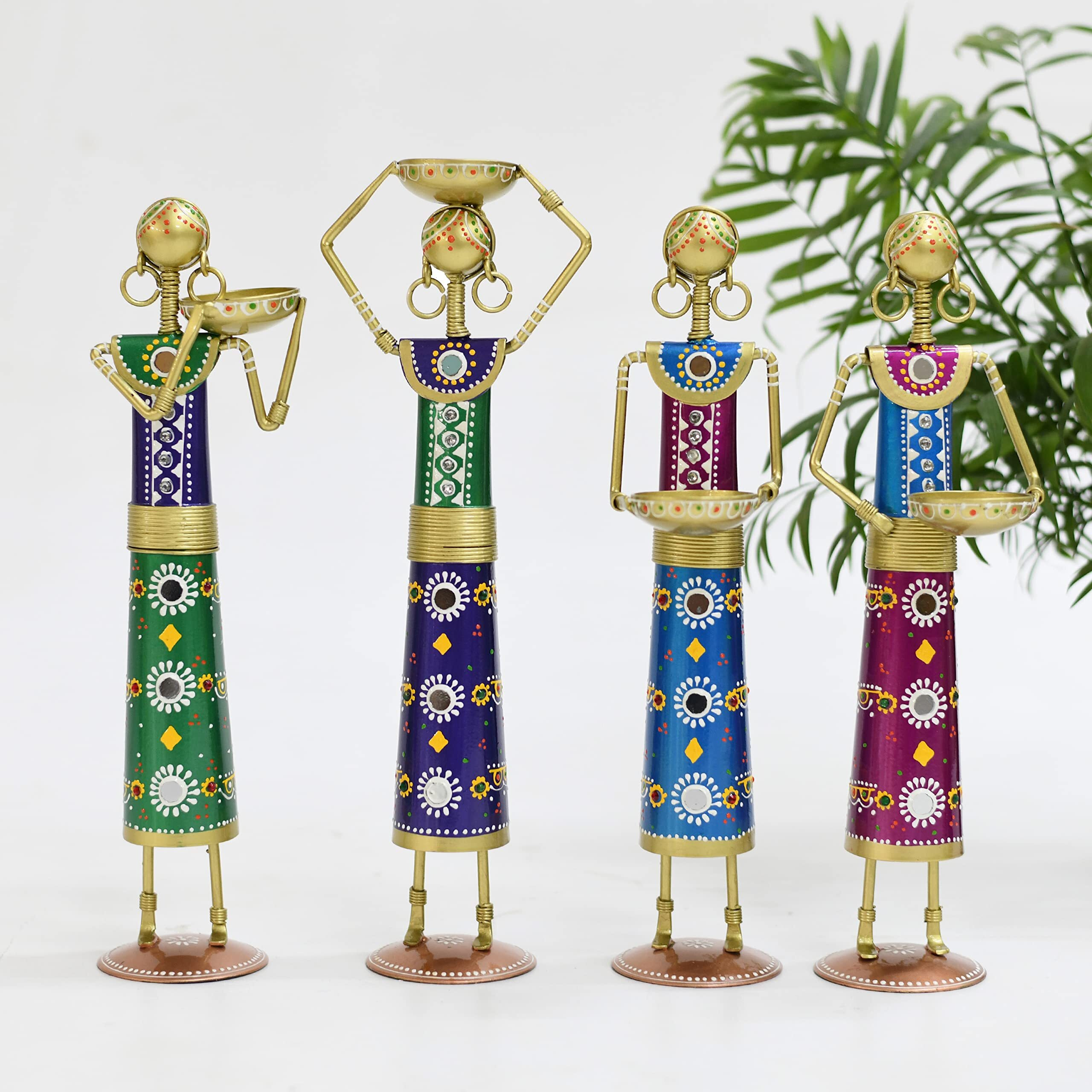 Lamcy Plaza Metal Rajasthani Kalbelia Tea Light Doll Set of 4 Candle Holder for Home Decor | Antique Decorative Tealight | Room | Bedroom | Multicolour | Each Size L3 X W 5 X H14 Inches |